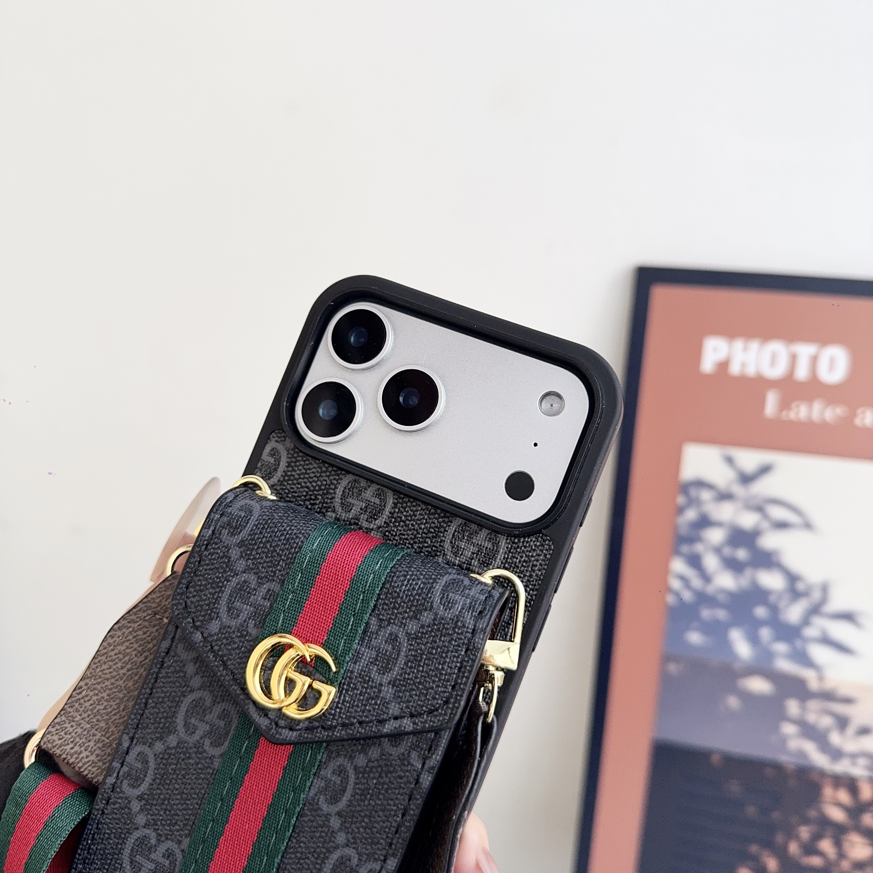 Classic Leather GG iPhone Case With Card Holder And Strap Black-YHCZ251806