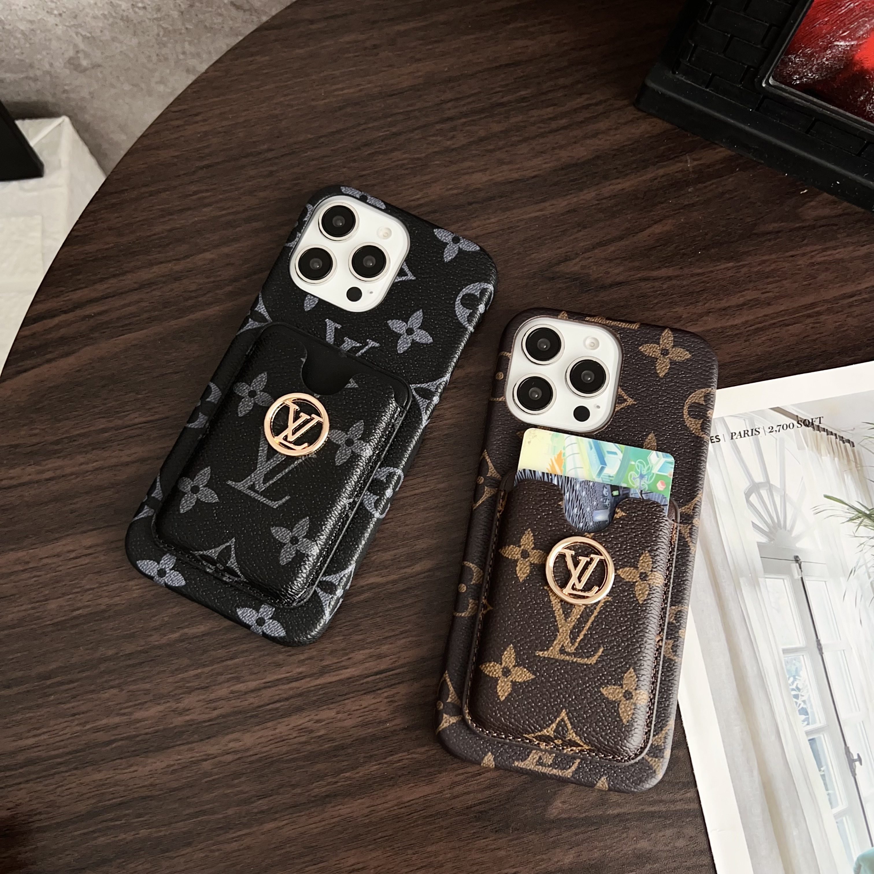 Leather Monogram iPhone Case With Card Holder Big Printing-CKK251157