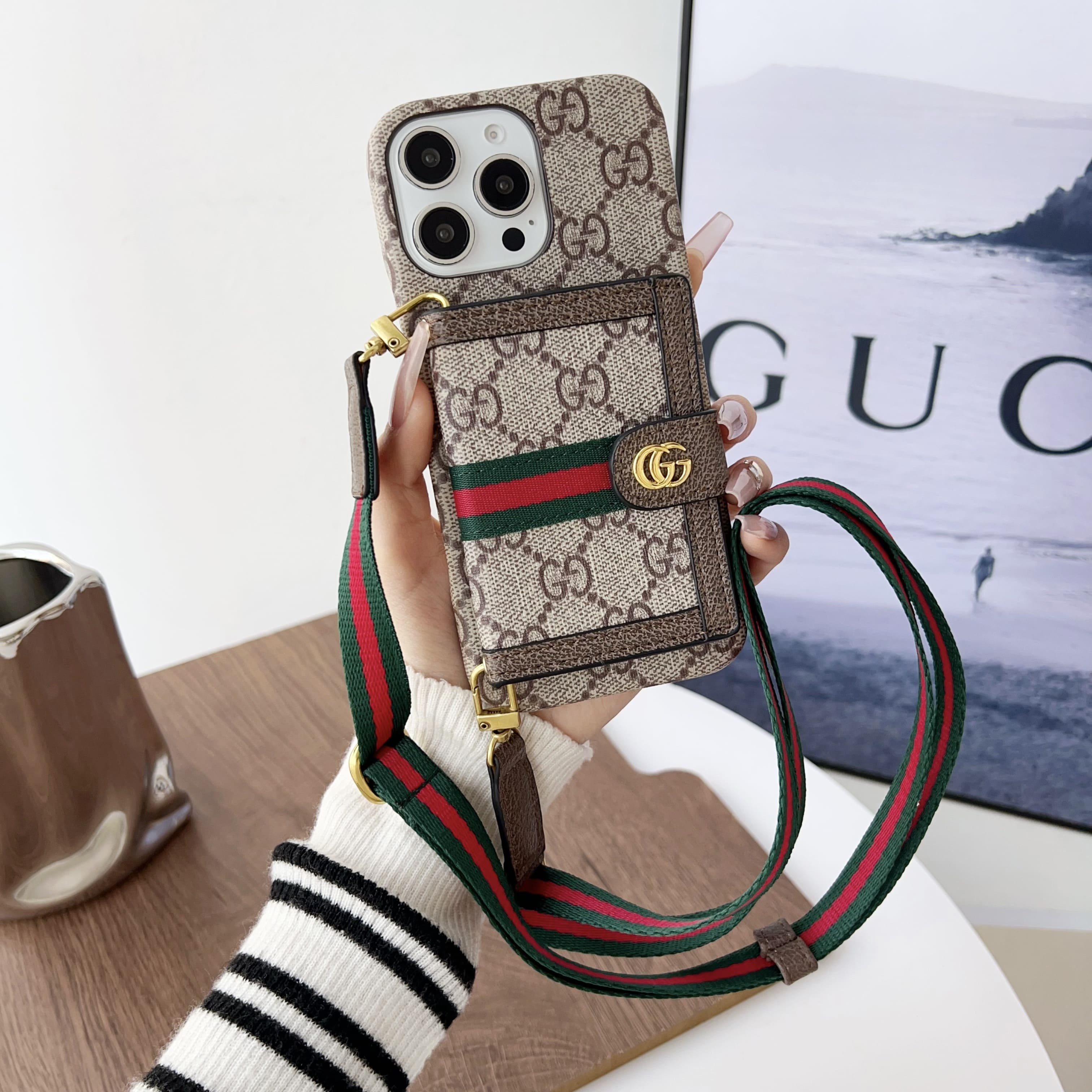 GG iPhone Case With Wallet And Crossbody Strap Brown -XK240330