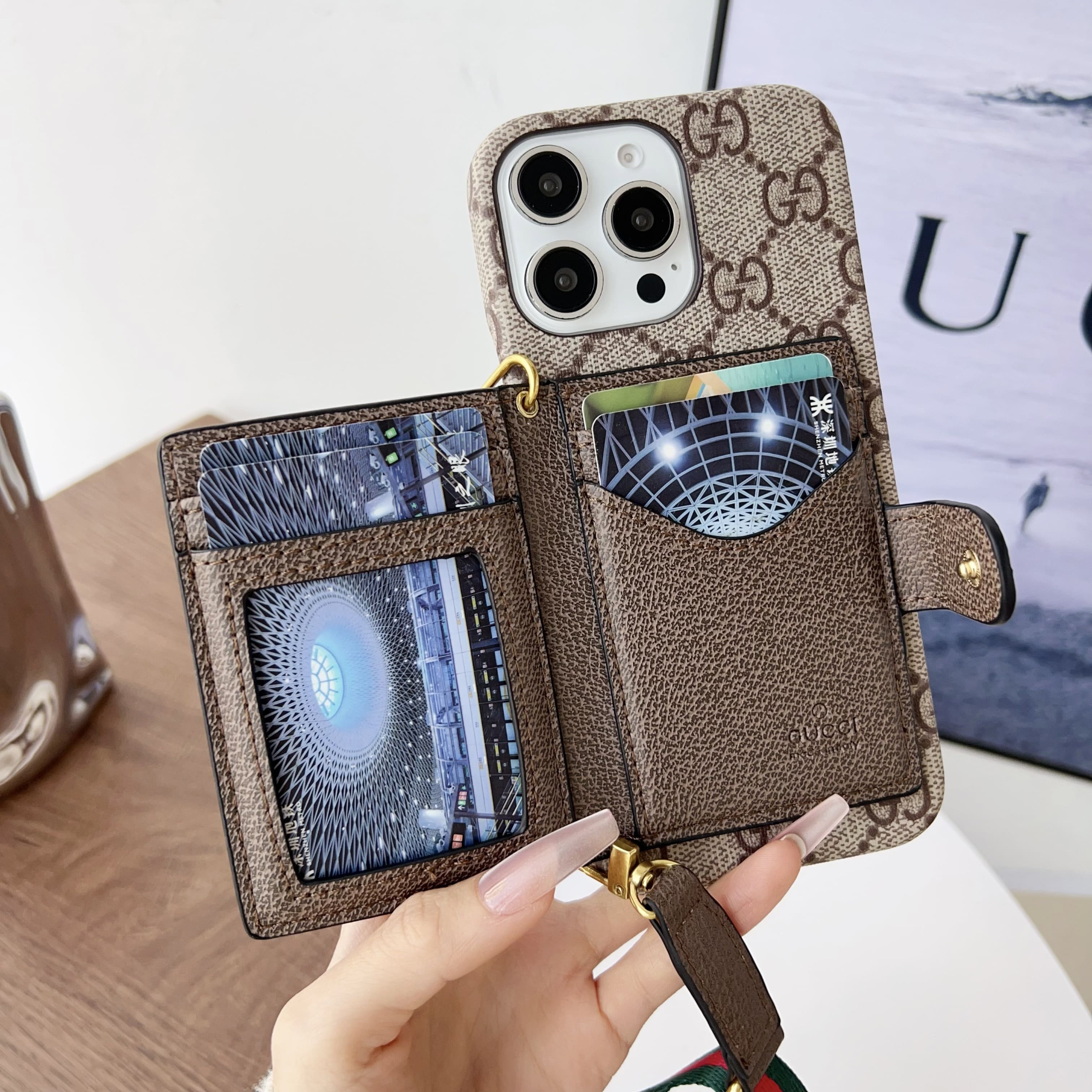 GG iPhone Case With Wallet And Crossbody Strap Brown -XK240330
