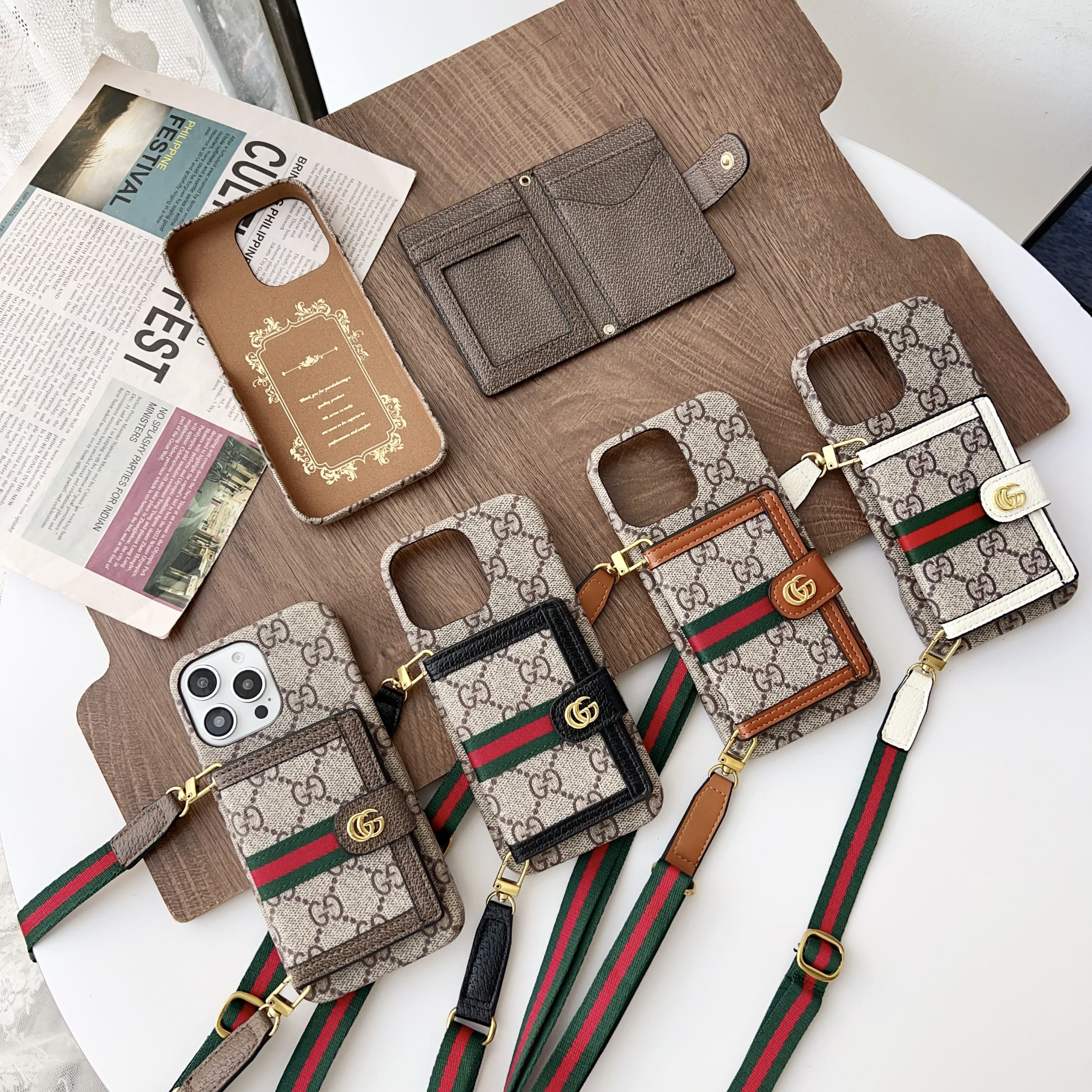 GG iPhone Case With Wallet And Crossbody Strap Brown -XK240330