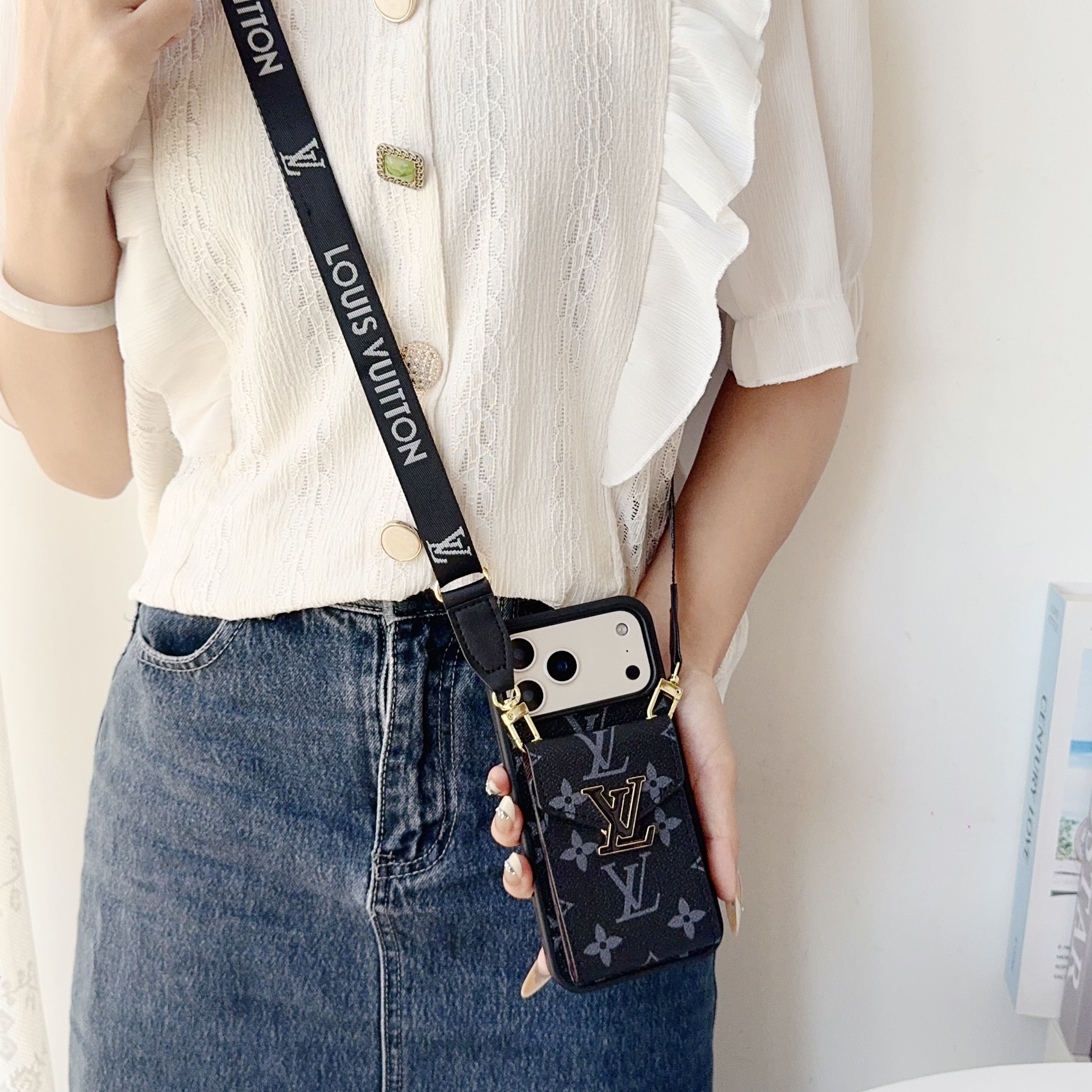 Classic Leather Monogram iPhone Case With Card Holder And Strap -DFK251819