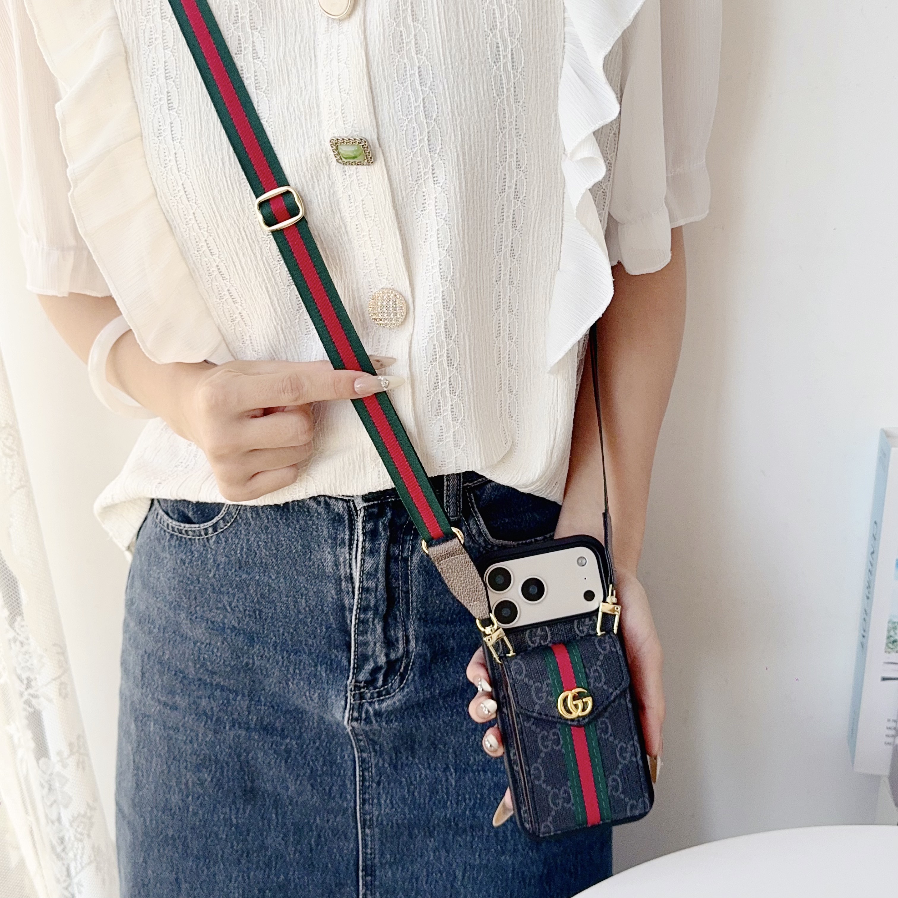 Classic Leather GG iPhone Case With Card Holder And Strap Black-YHCZ251806