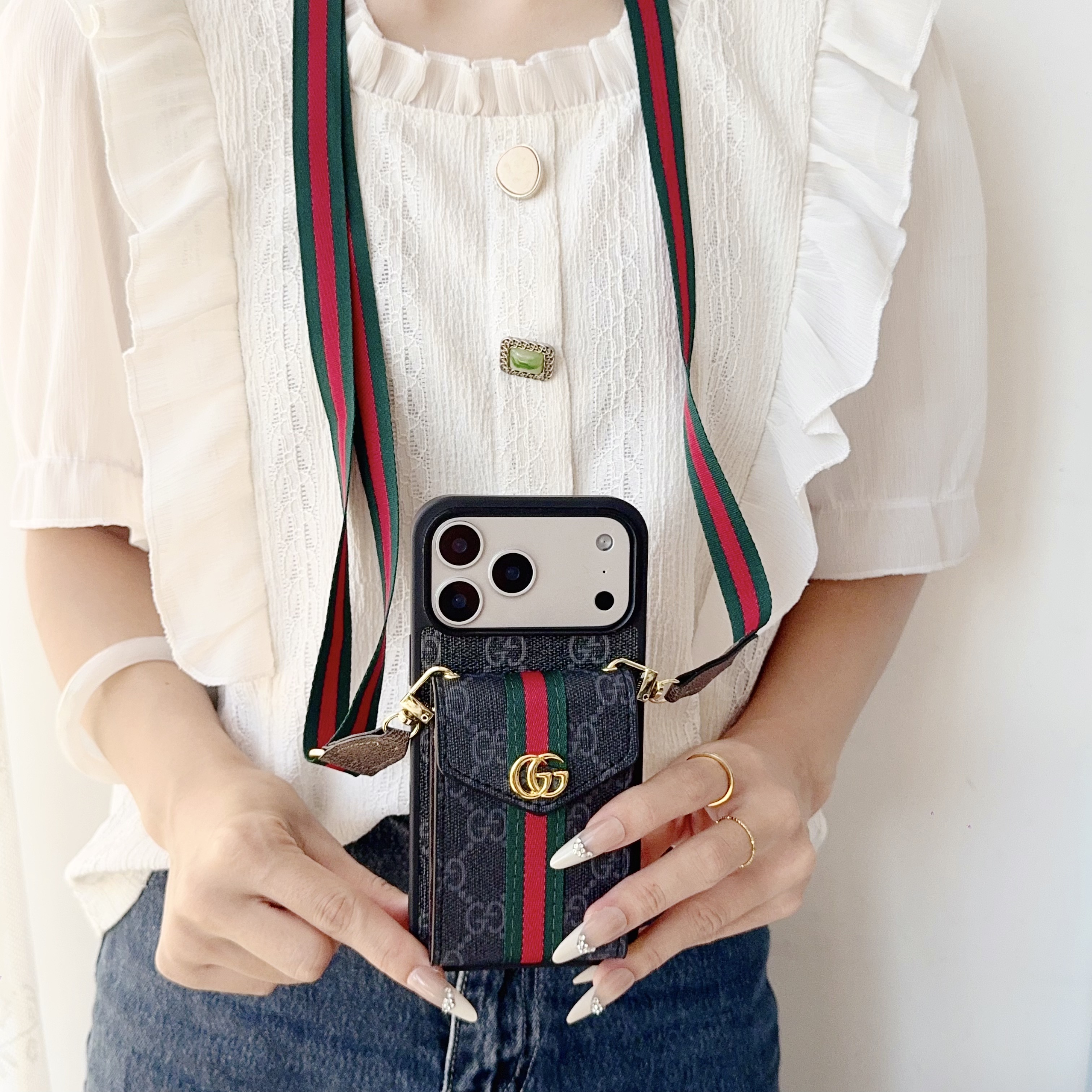 Classic Leather GG iPhone Case With Card Holder And Strap Black-YHCZ251806