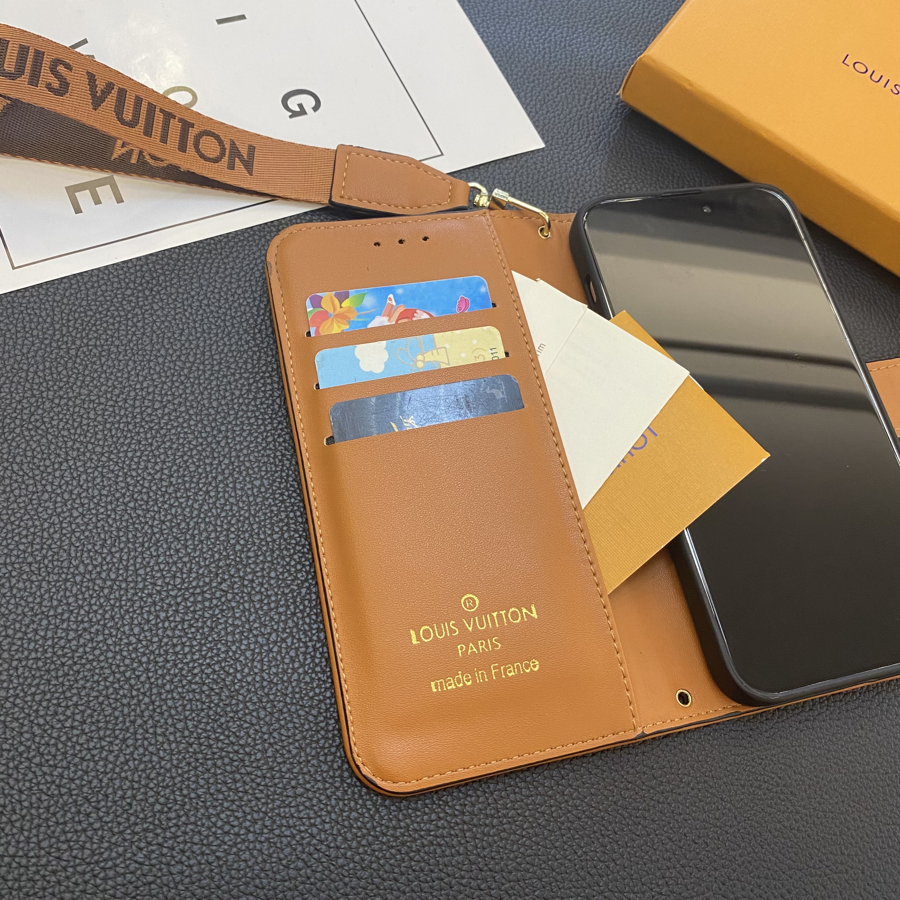 Classic Leather Flip Monogram Phone Case With Card Holder And Strap Big Printing -LB200911