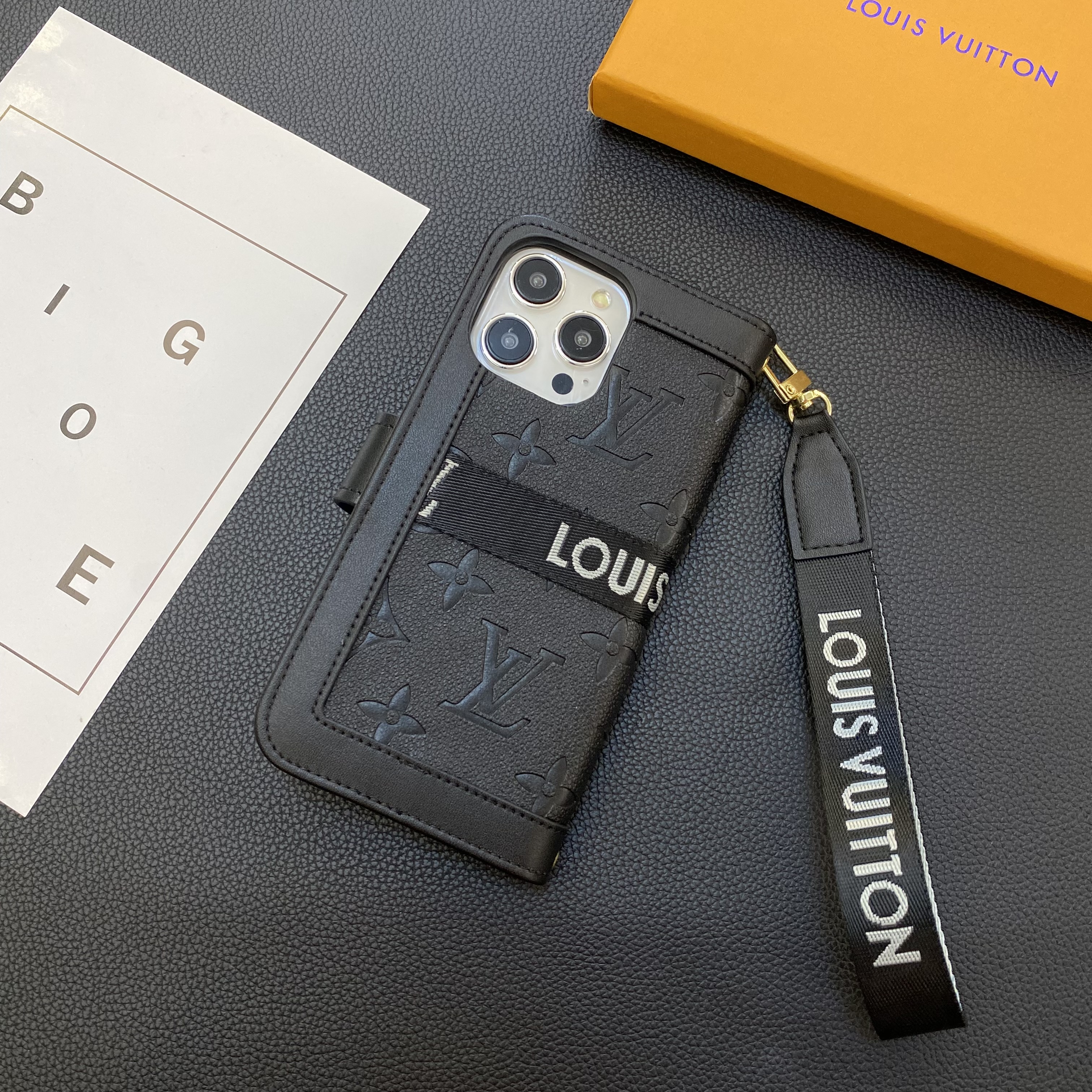Classic Leather Flip Monogram Phone Case With Card Holder And Strap Black Printing -LB200911
