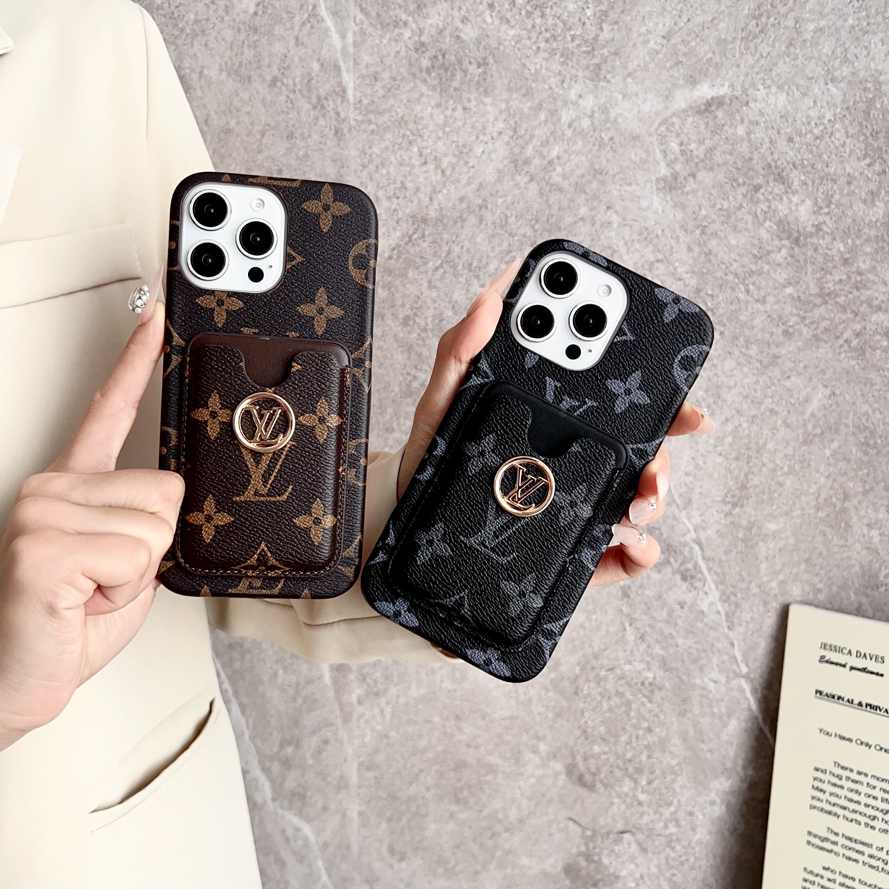 Leather Monogram iPhone Case With Card Holder Big Printing-CKK251157