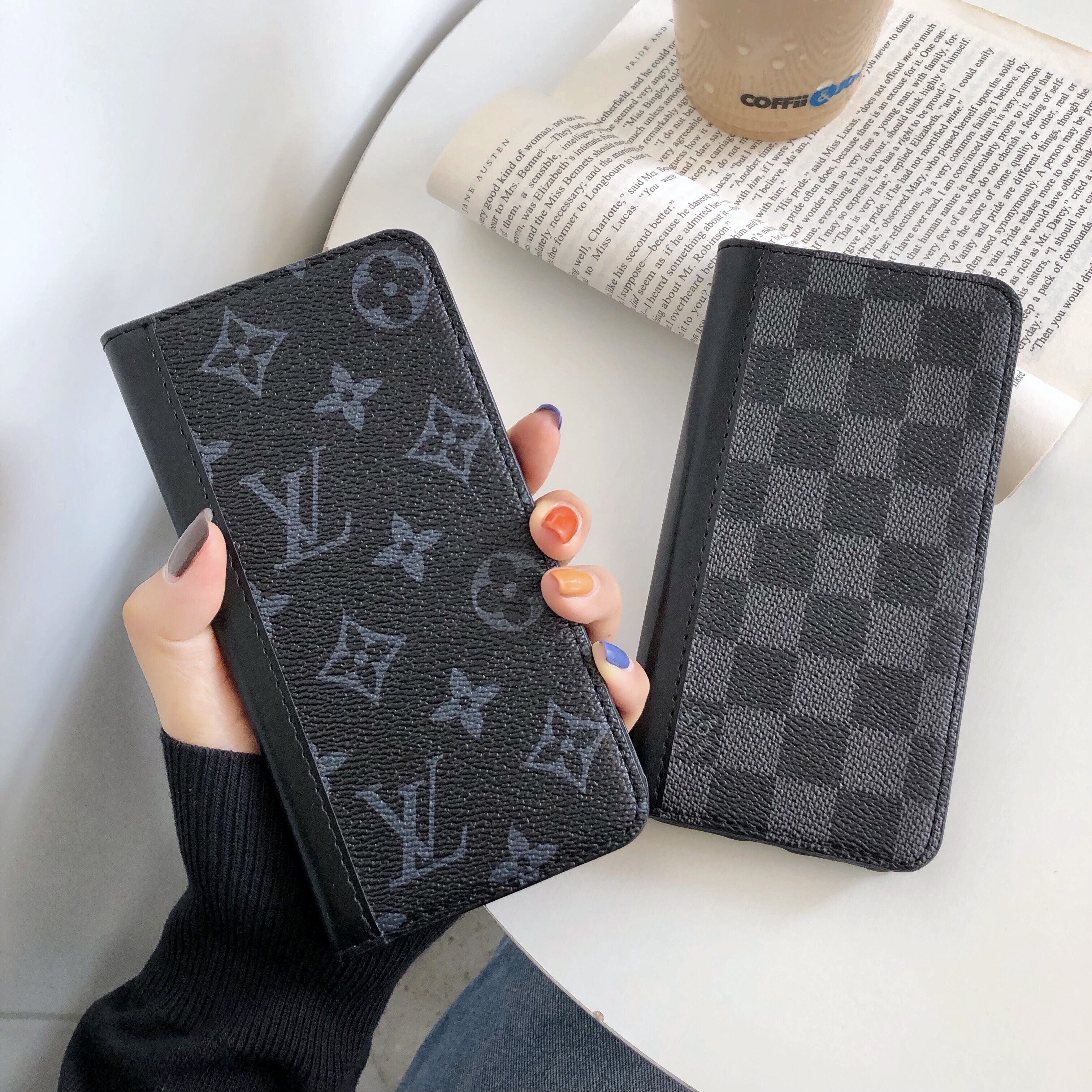 Premium Leather Monogram iPhone Case with Card Slot and Coin Pocket Black Printing-HYL251021