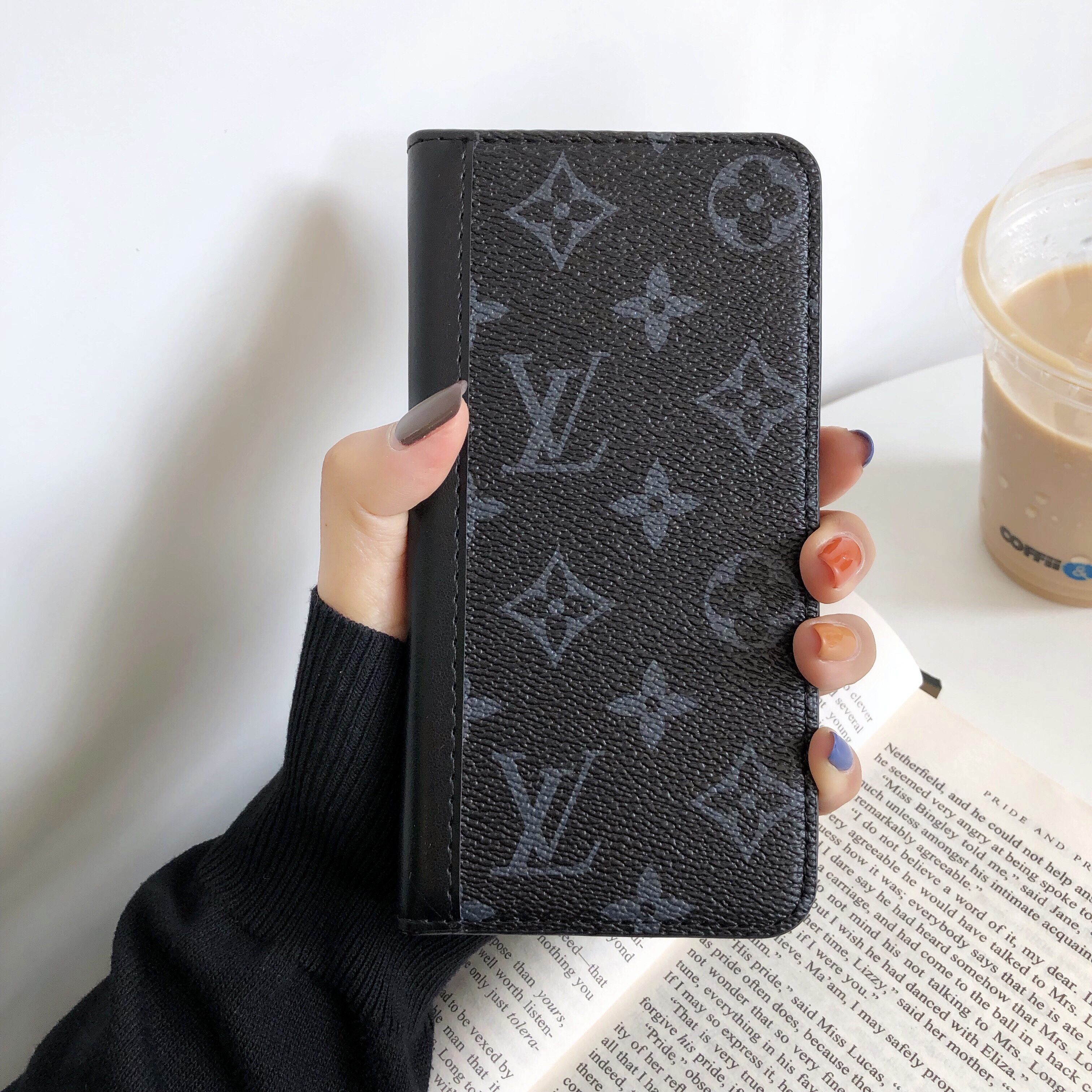 Premium Leather Monogram iPhone Case with Card Slot and Coin Pocket Black Printing-HYL251021