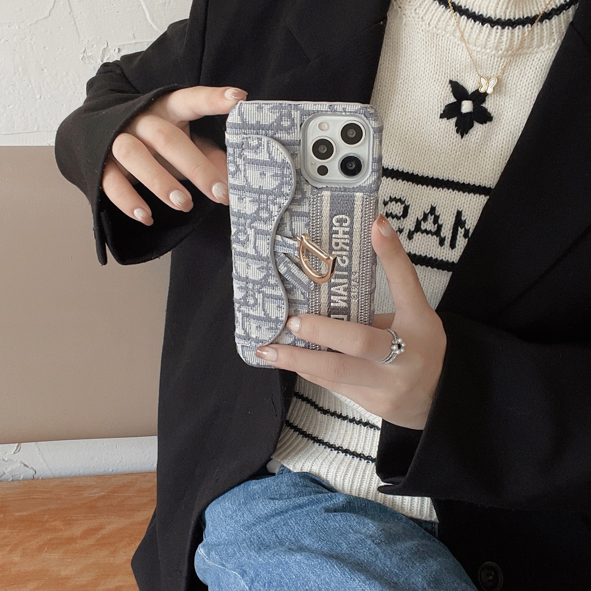 CD iPhone Case With Card Holder Gray-KKY240115-GTOCASE