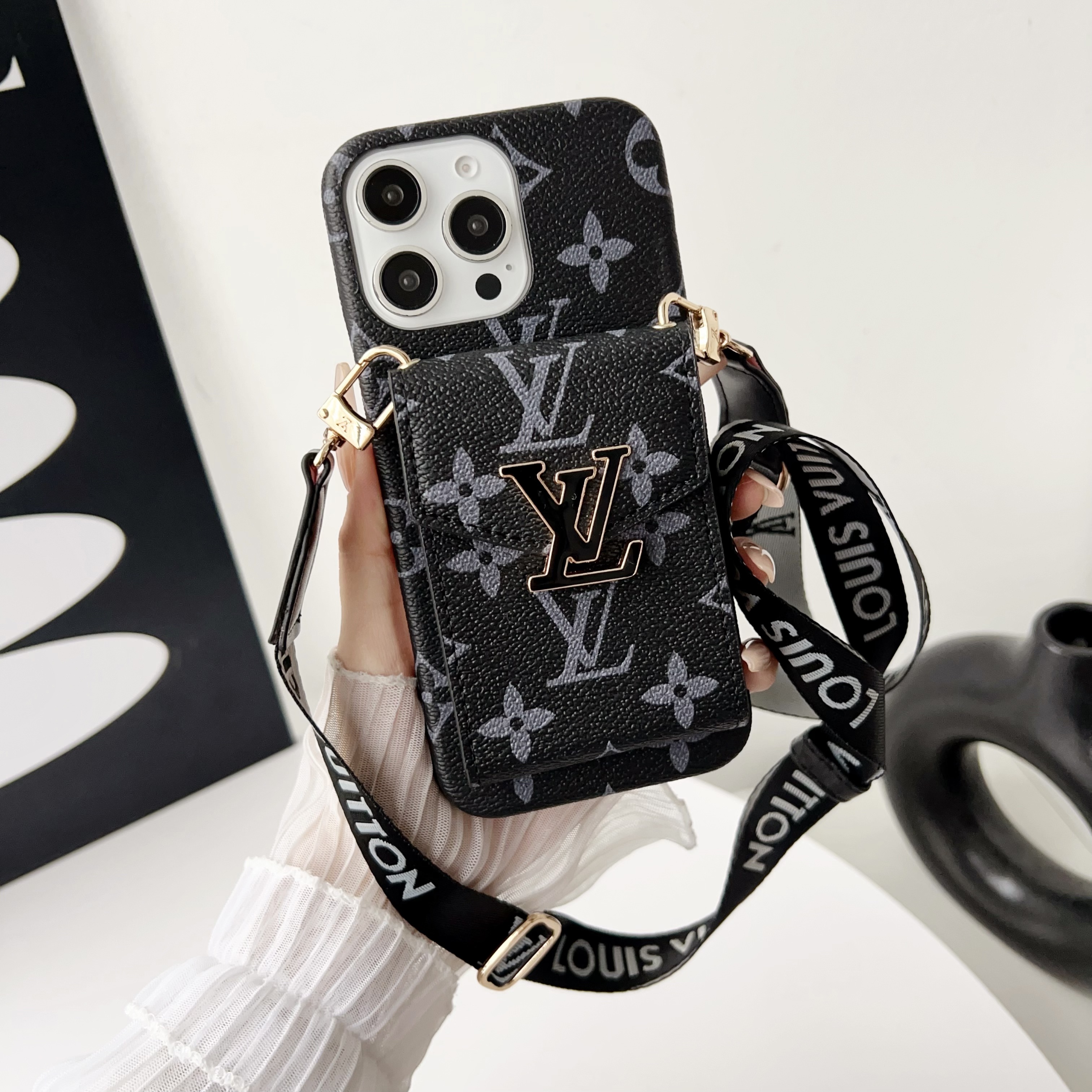 Premium  Leather Phone Case With Card Holder And Strap For iPhone Black-MTY241102-casezom