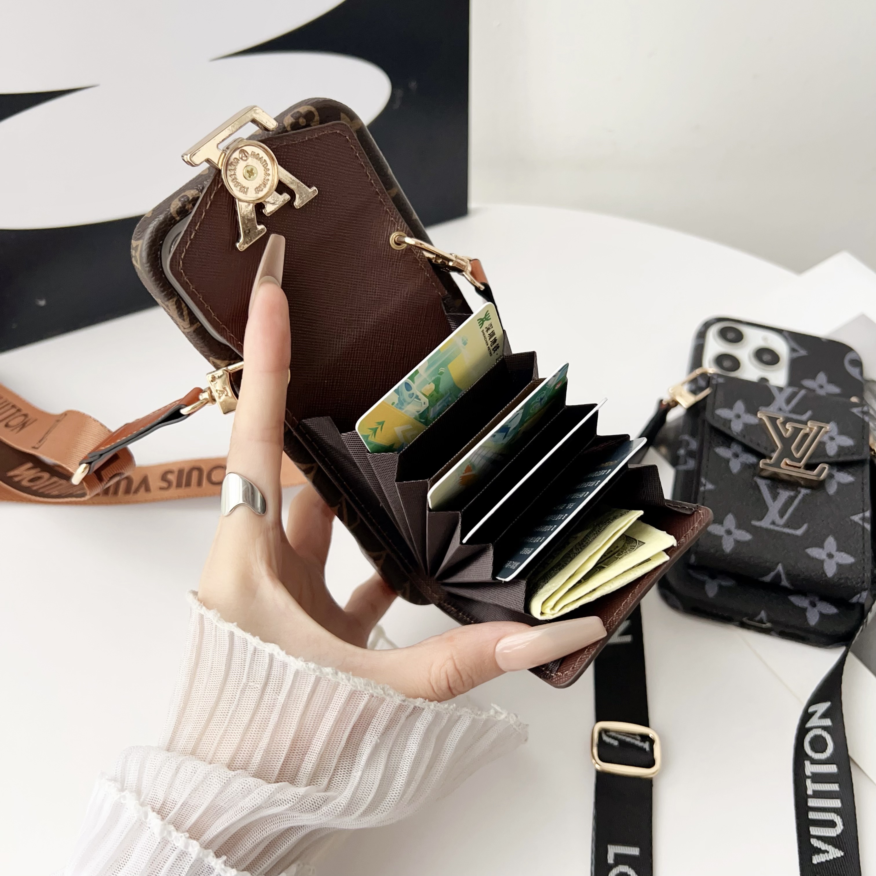 Premium  Leather Phone Case With Card Holder And Strap For iPhone Black-MTY241102-casezom