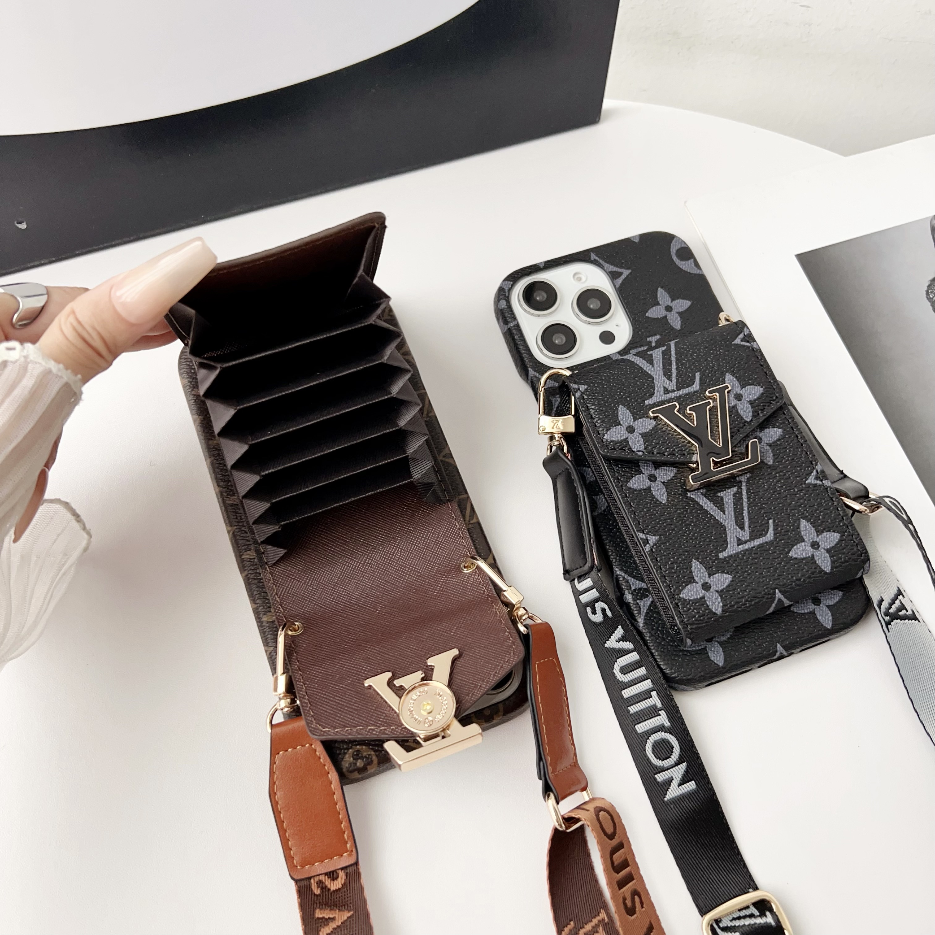 Premium  Leather Phone Case With Card Holder And Strap For iPhone Black-MTY241102-casezom