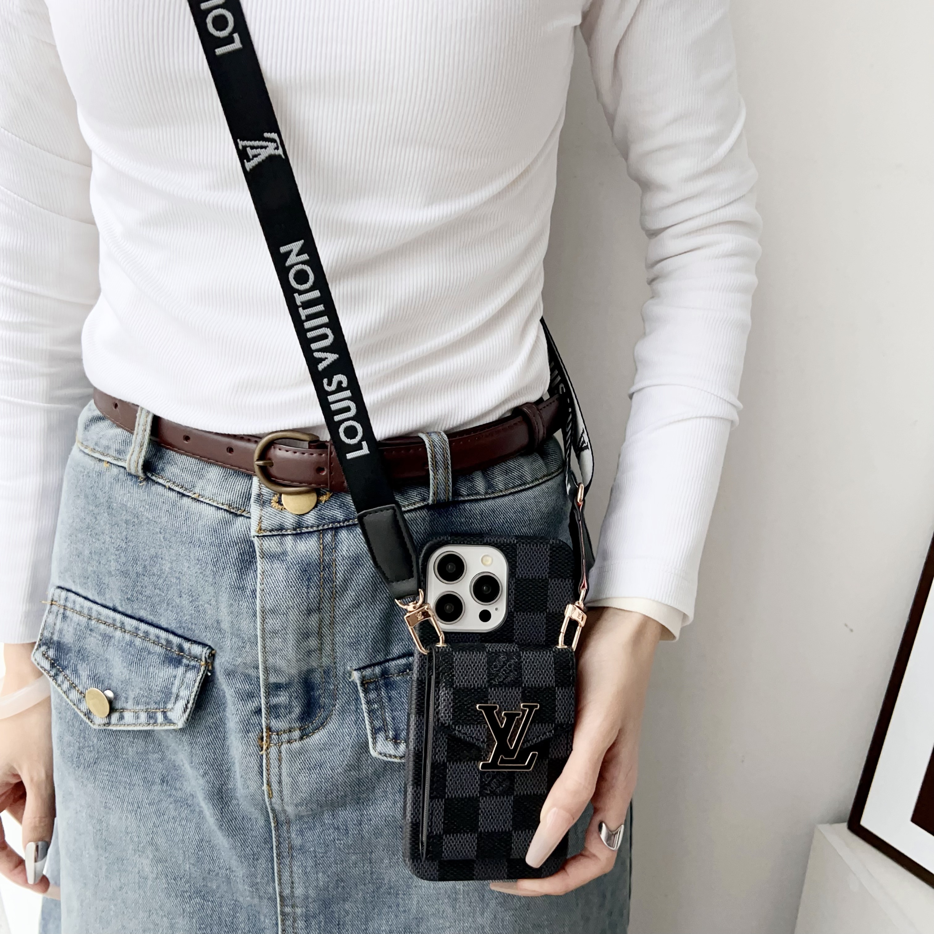 Premium  Leather Phone Case With Card Holder And Strap For iPhone Black-MTY241102-casezom