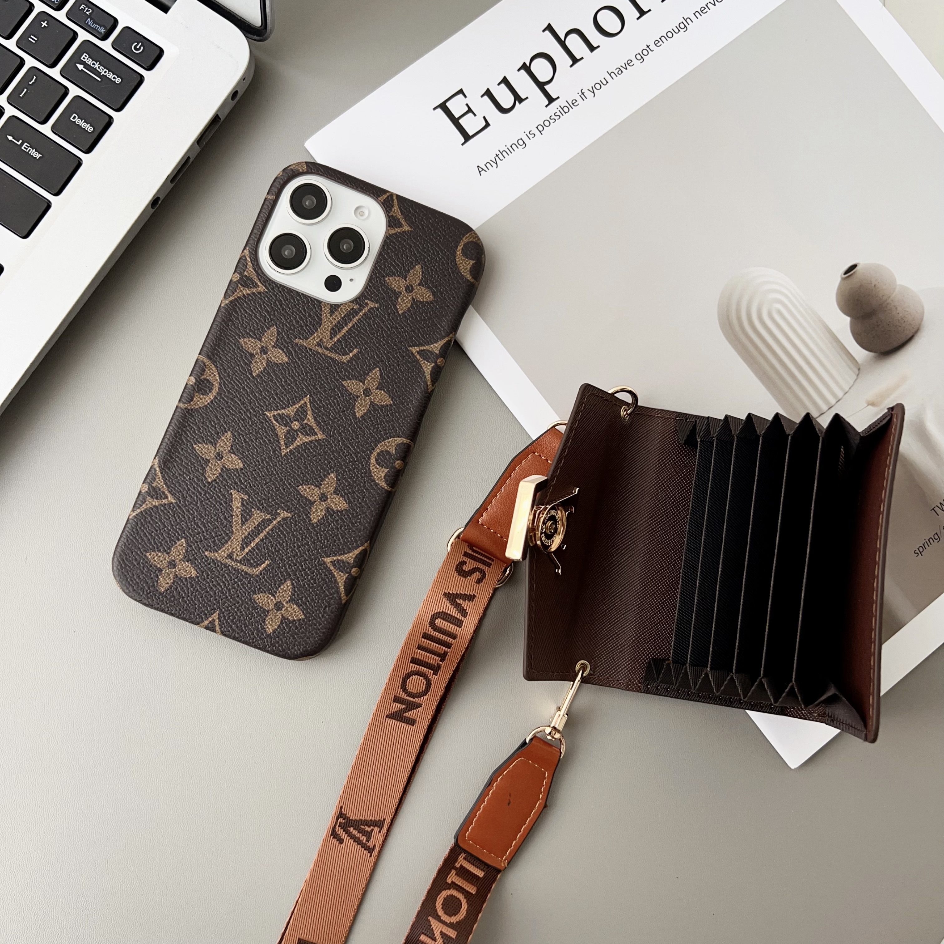 Monogram Phone Case With Wallet And Crossbody Strap For iPhone Big Printing -XKB241816-casezom