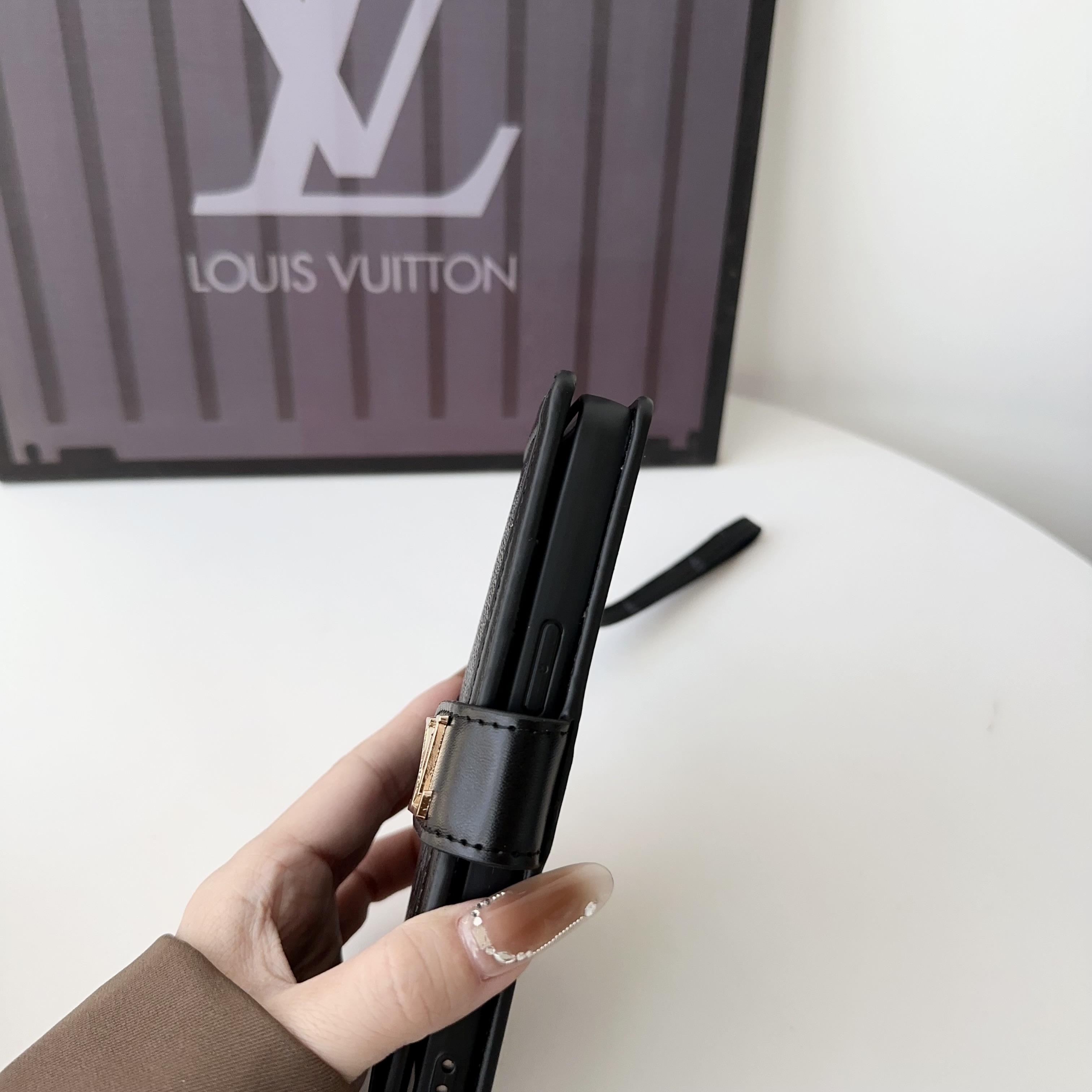 Leather Monogram Phone Case With Card Holder And Strap For iPhone Black Printing-MTY251543