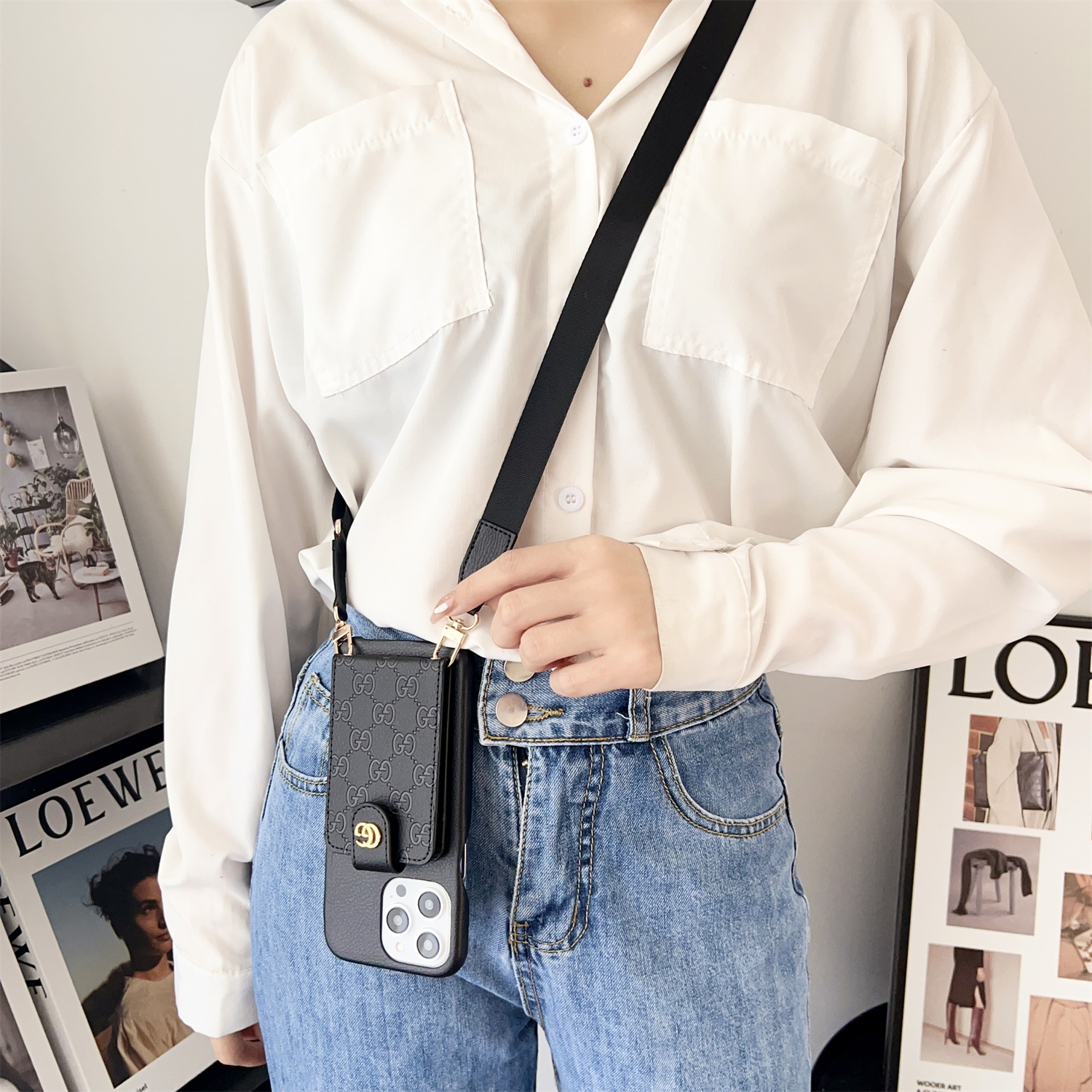 GG iPhone Case With Wallet And Strap Black -SXK240513-GTOCASE