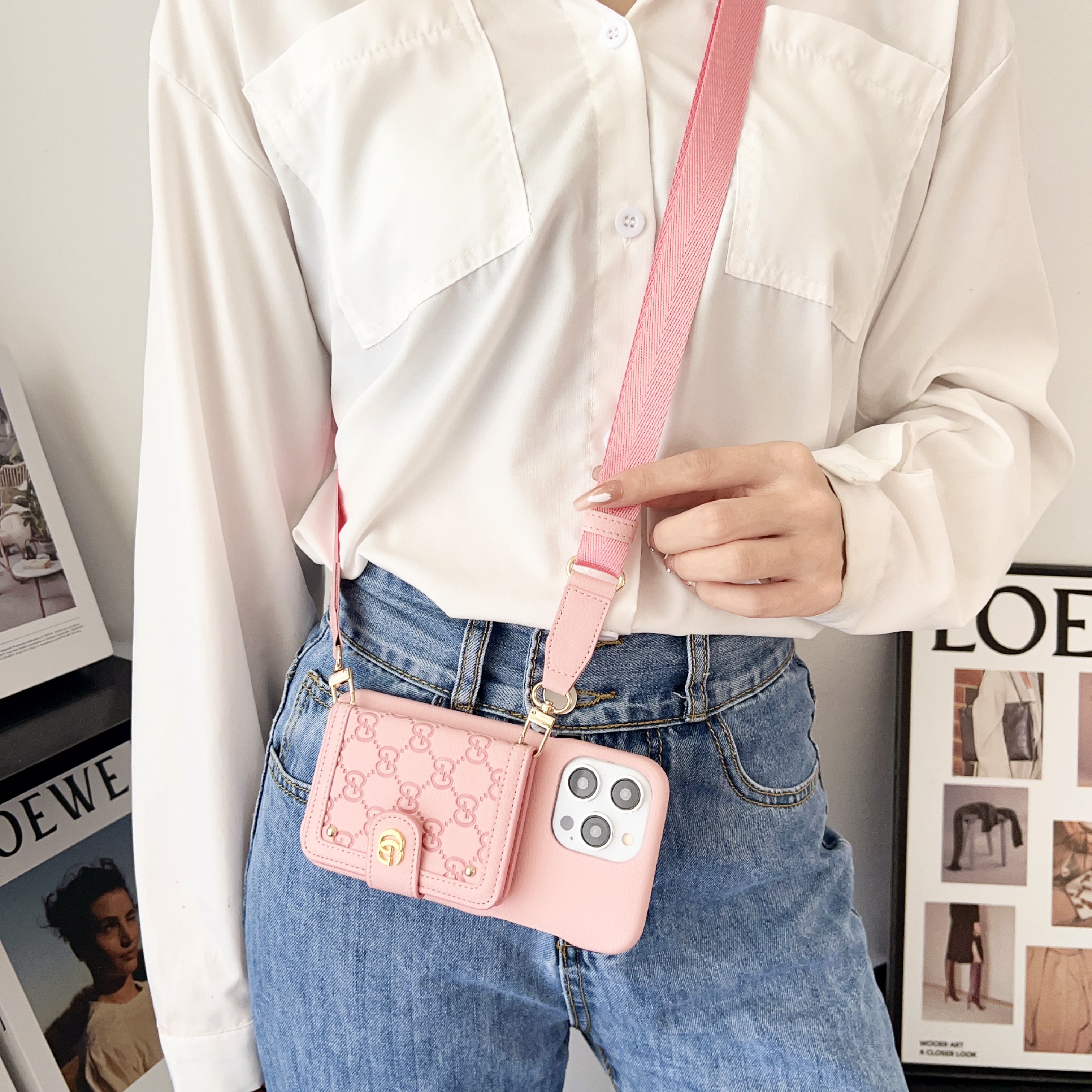 GG iPhone Case With Wallet And Strap Pink -ZY241720-GTOCASE