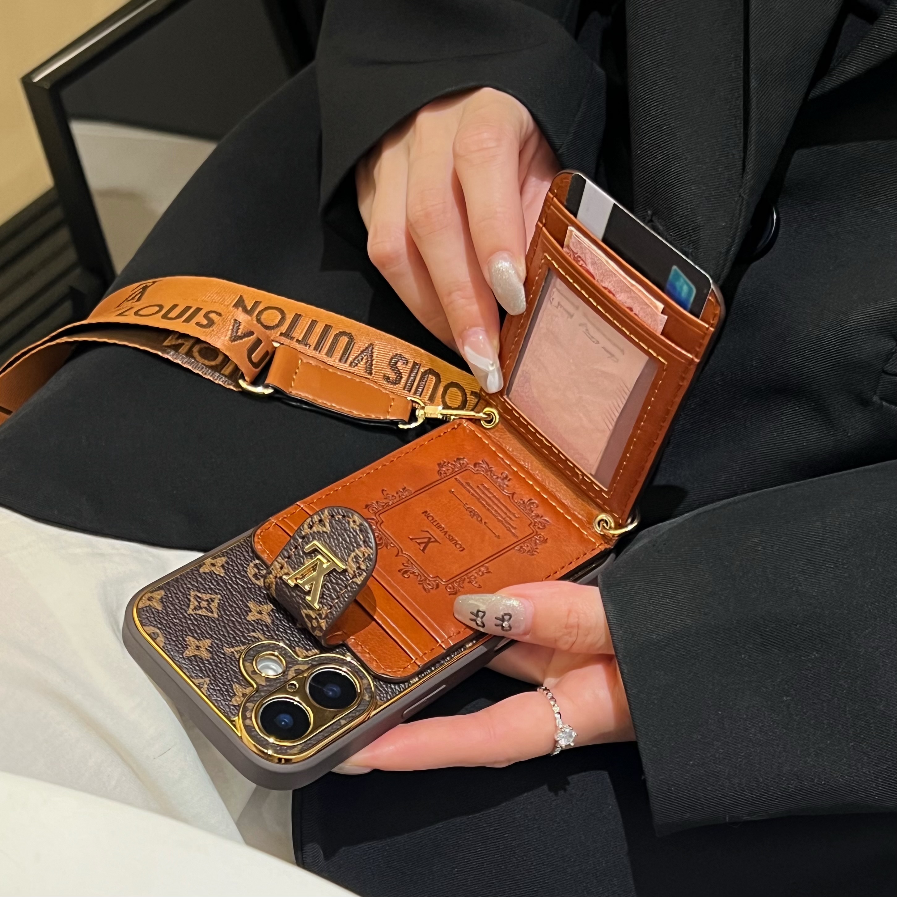 Monogram Phone Case With Card Holder And Strap Small Printing -XKB241520-casezom