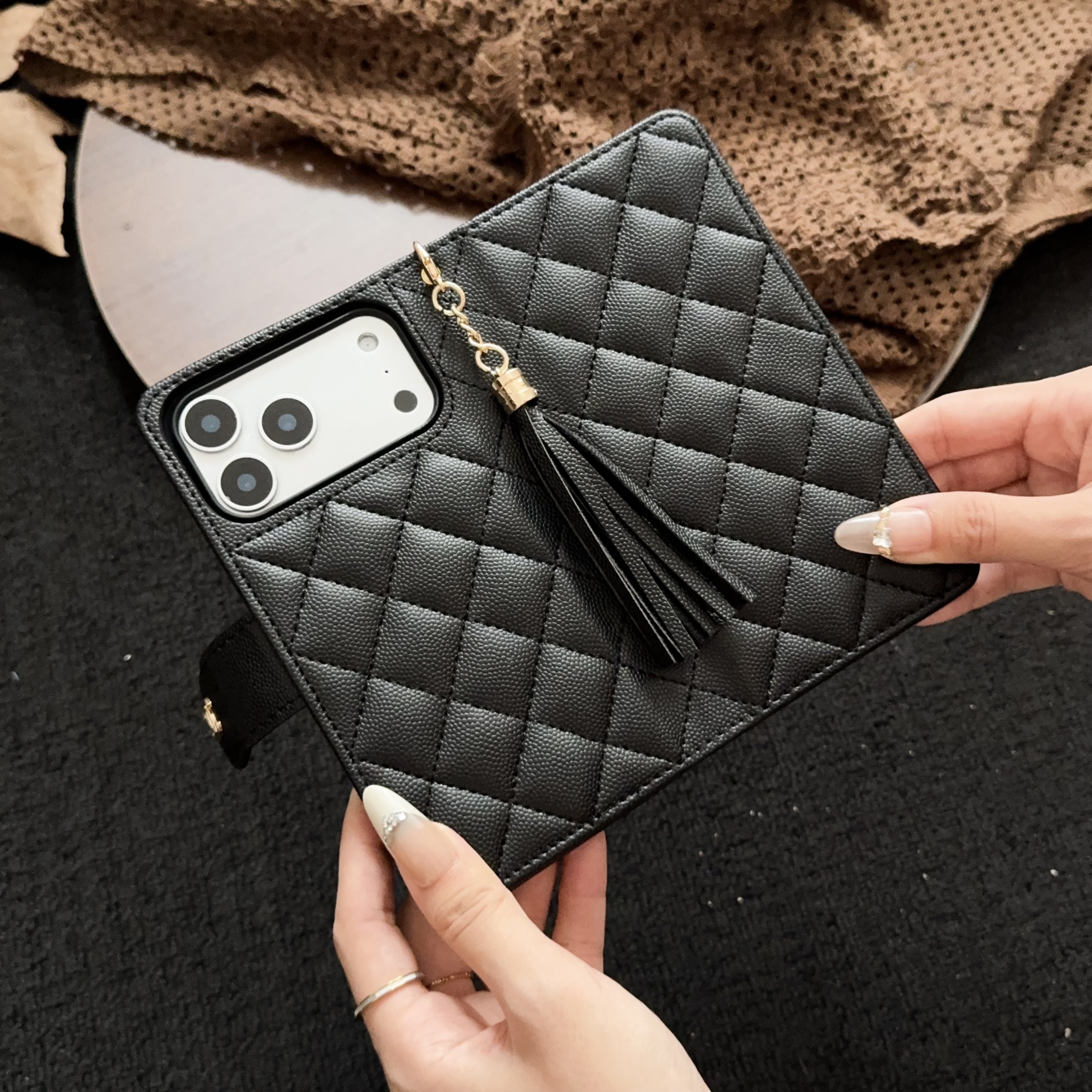 Quilted leather CC iPhone Case With Flip Wallet Black For iPhone 17 Series-CMCC010