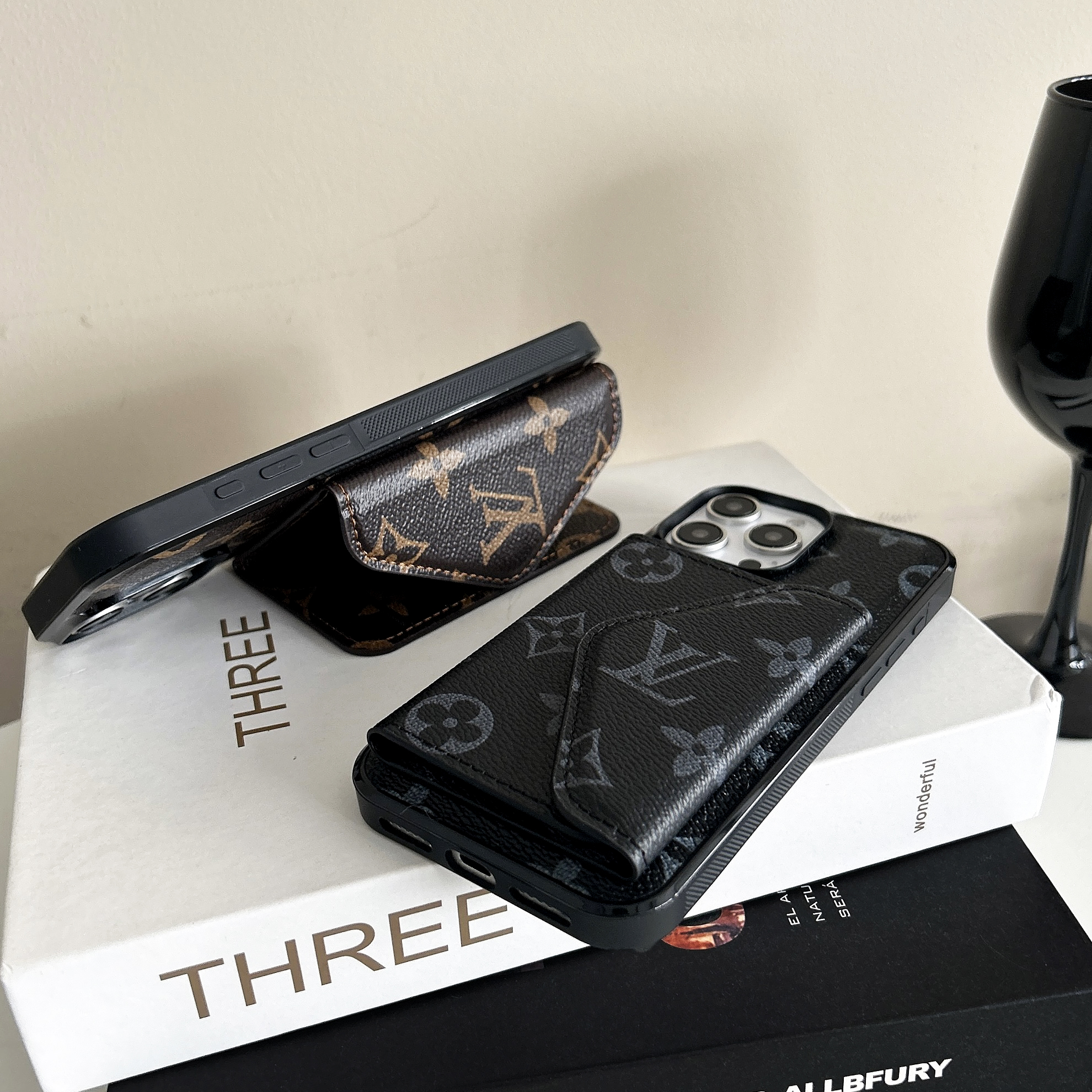 Leather  Monogram Phone Case With Card Holder For iPhone Black-BMKQ241757-casezom