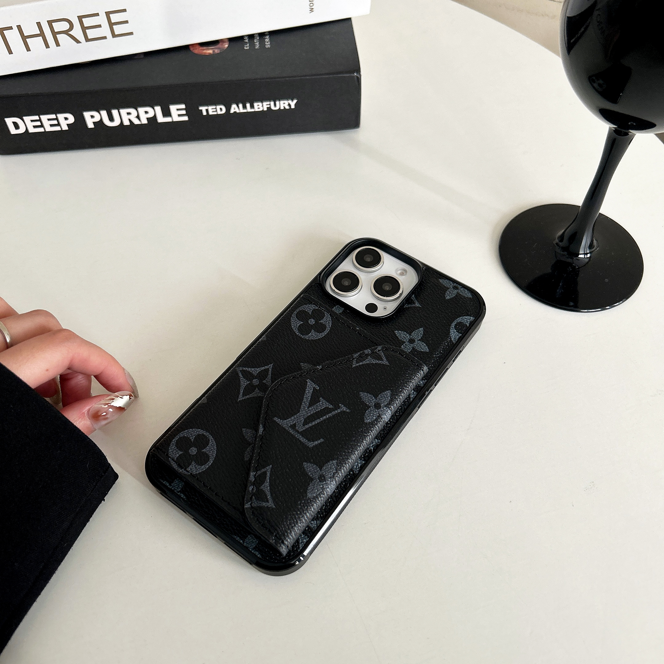 Leather  Monogram Phone Case With Card Holder For iPhone Black-BMKQ241757-casezom