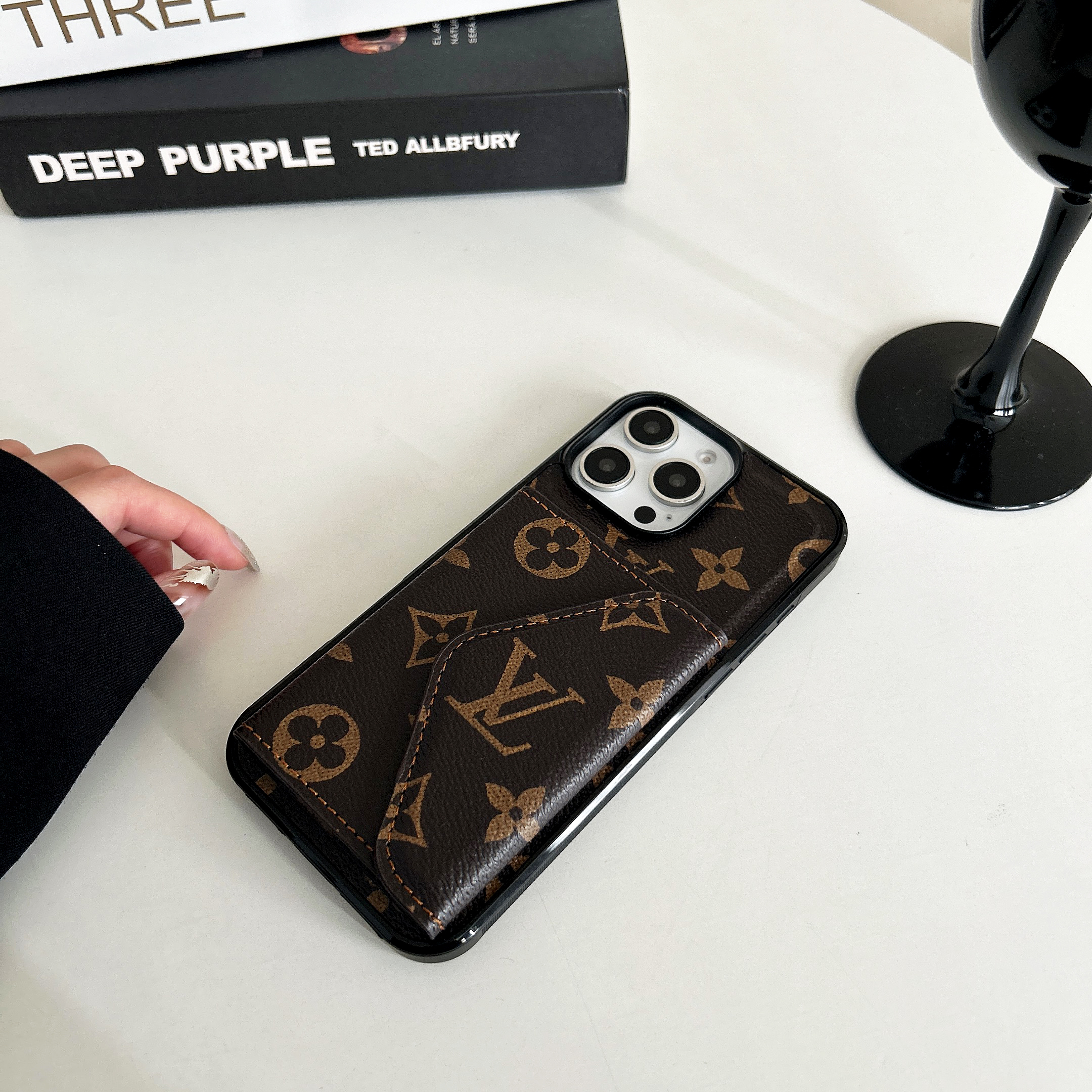 Leather  Monogram Phone Case With Card Holder For iPhone Brown-BMKQ241757-casezom