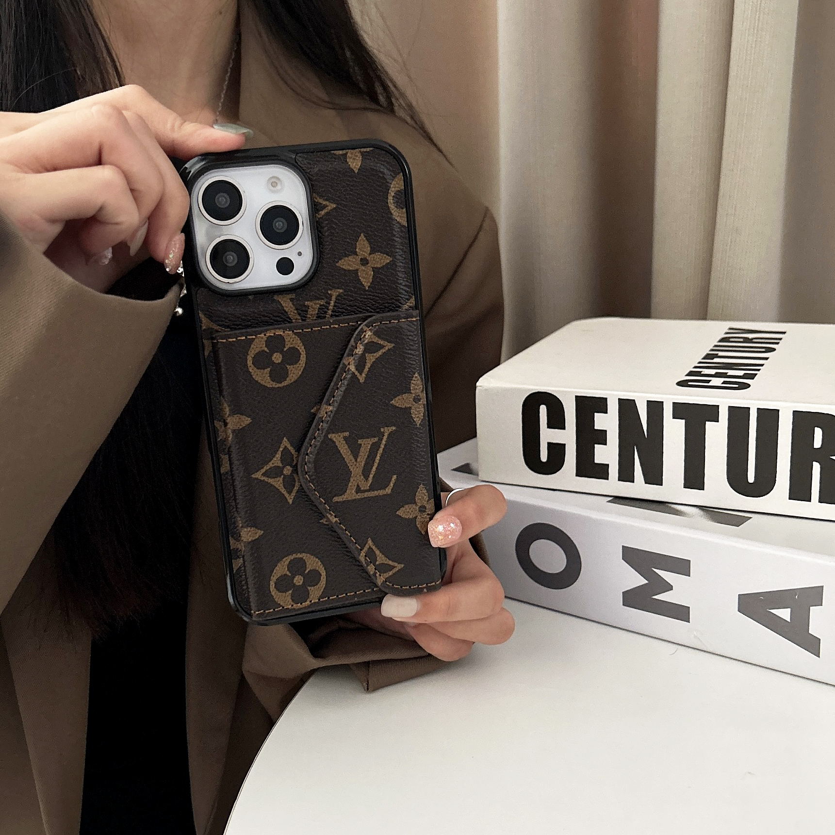 Leather  Monogram Phone Case With Card Holder For iPhone Brown-BMKQ241757-casezom