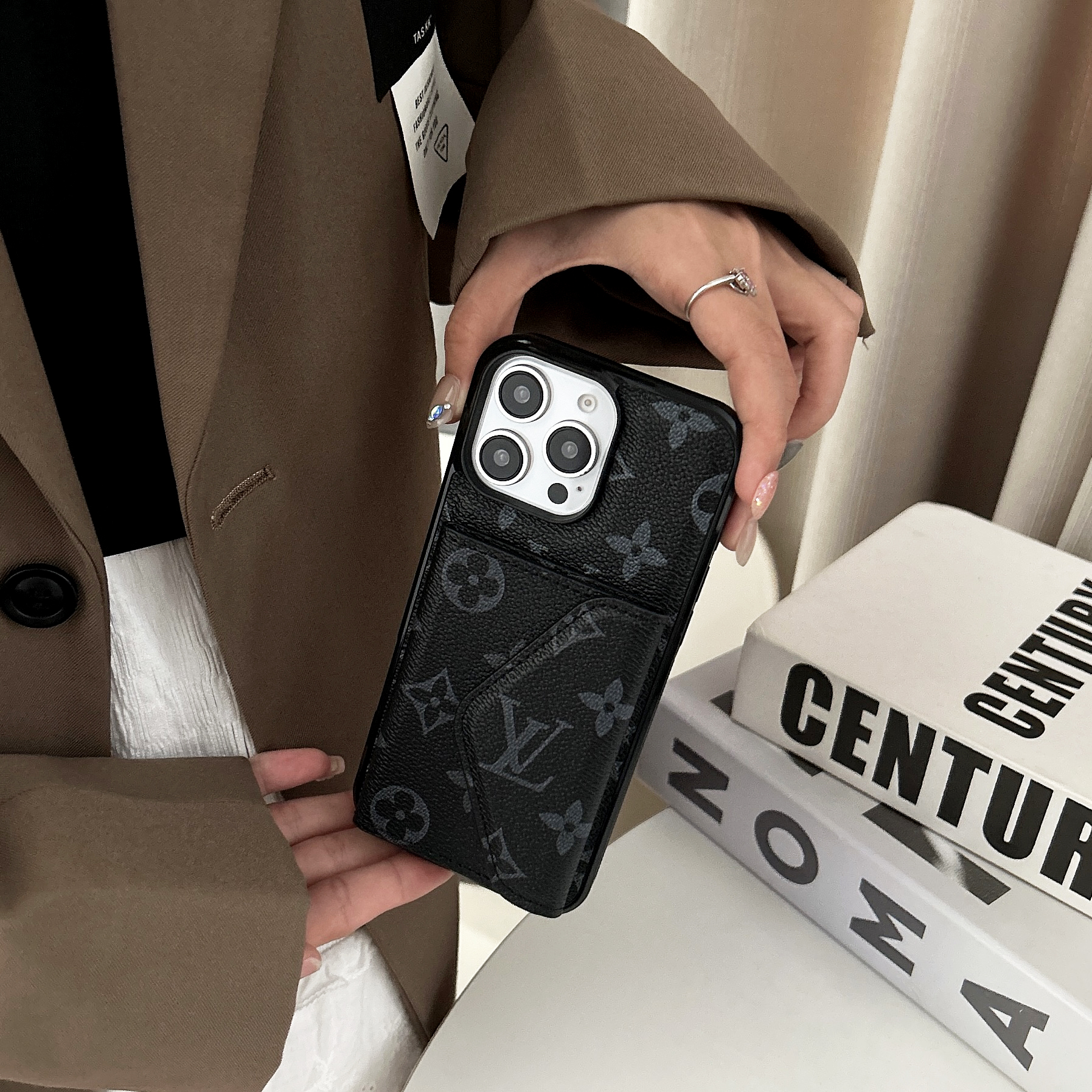 Leather  Monogram Phone Case With Card Holder For iPhone Black-BMKQ241757-casezom