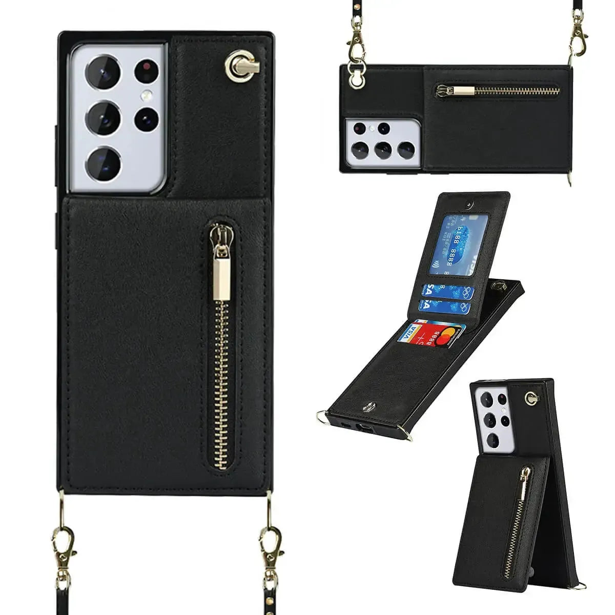 Premium Leather Samsung Phone Case With Crossbody Wallet And Strap -SX