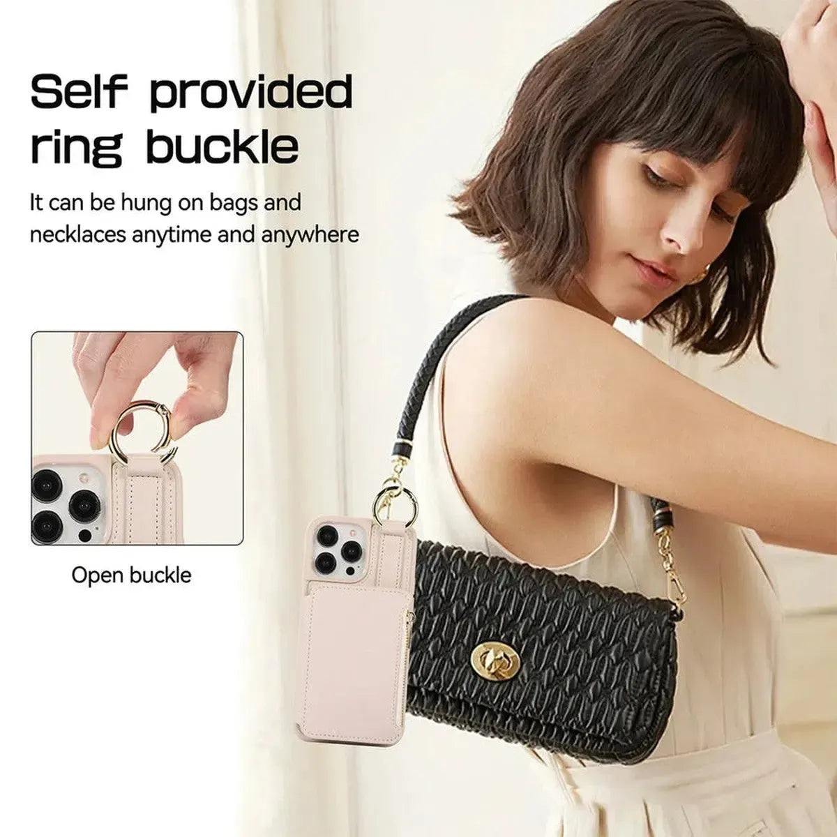 iPhone Wallet Case with Wrist and Shoulder Strap Card Holder Ring Stand Flip Zipper-BTK250927