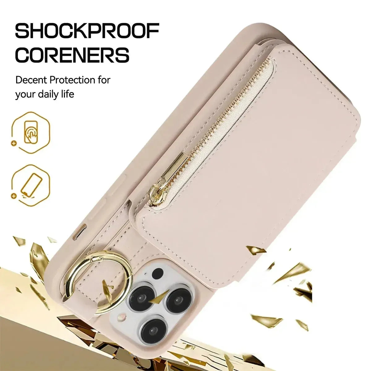 iPhone Wallet Case with Wrist and Shoulder Strap Card Holder Ring Stand Flip Zipper-BTK250927