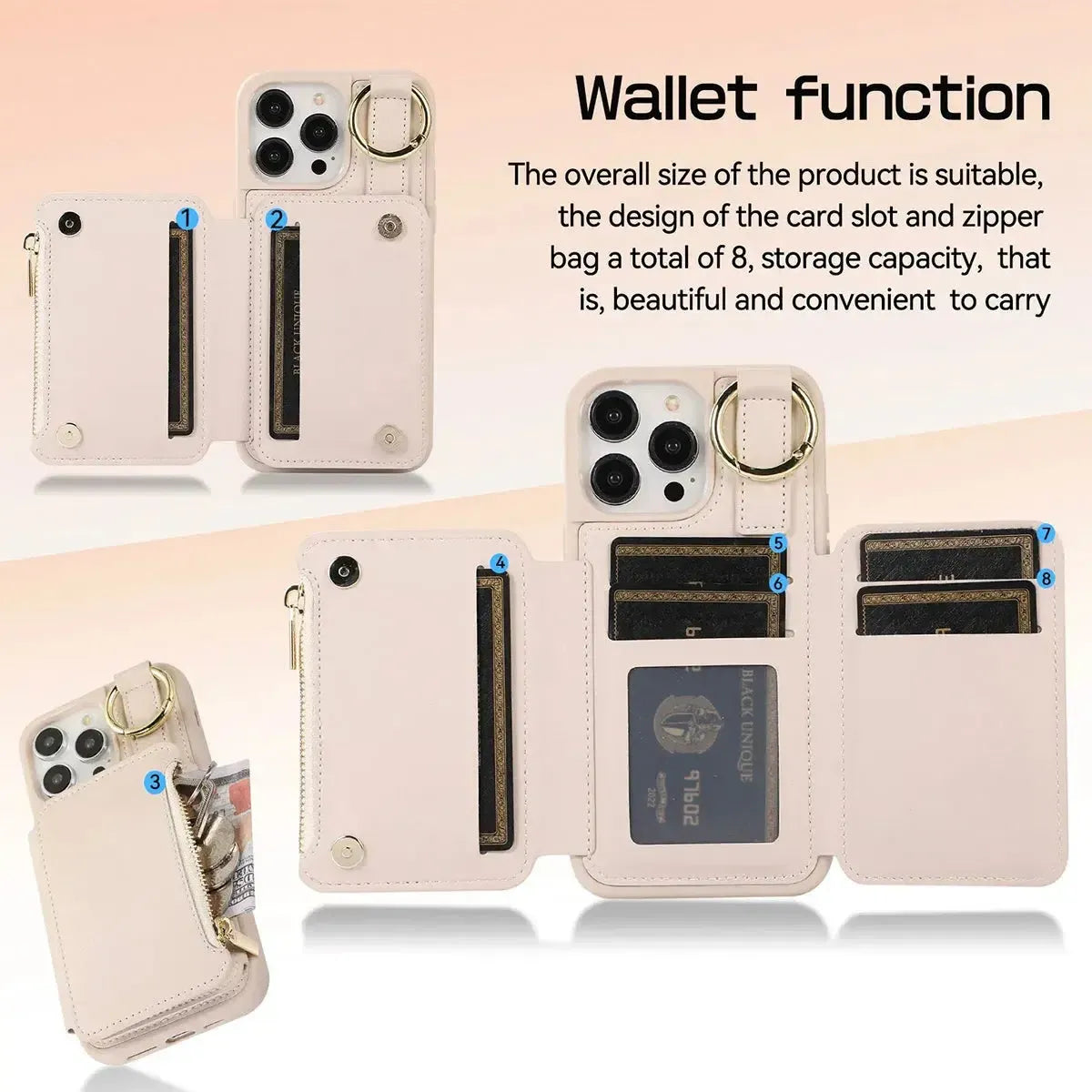 iPhone Wallet Case with Wrist and Shoulder Strap Card Holder Ring Stand Flip Zipper-BTK250927