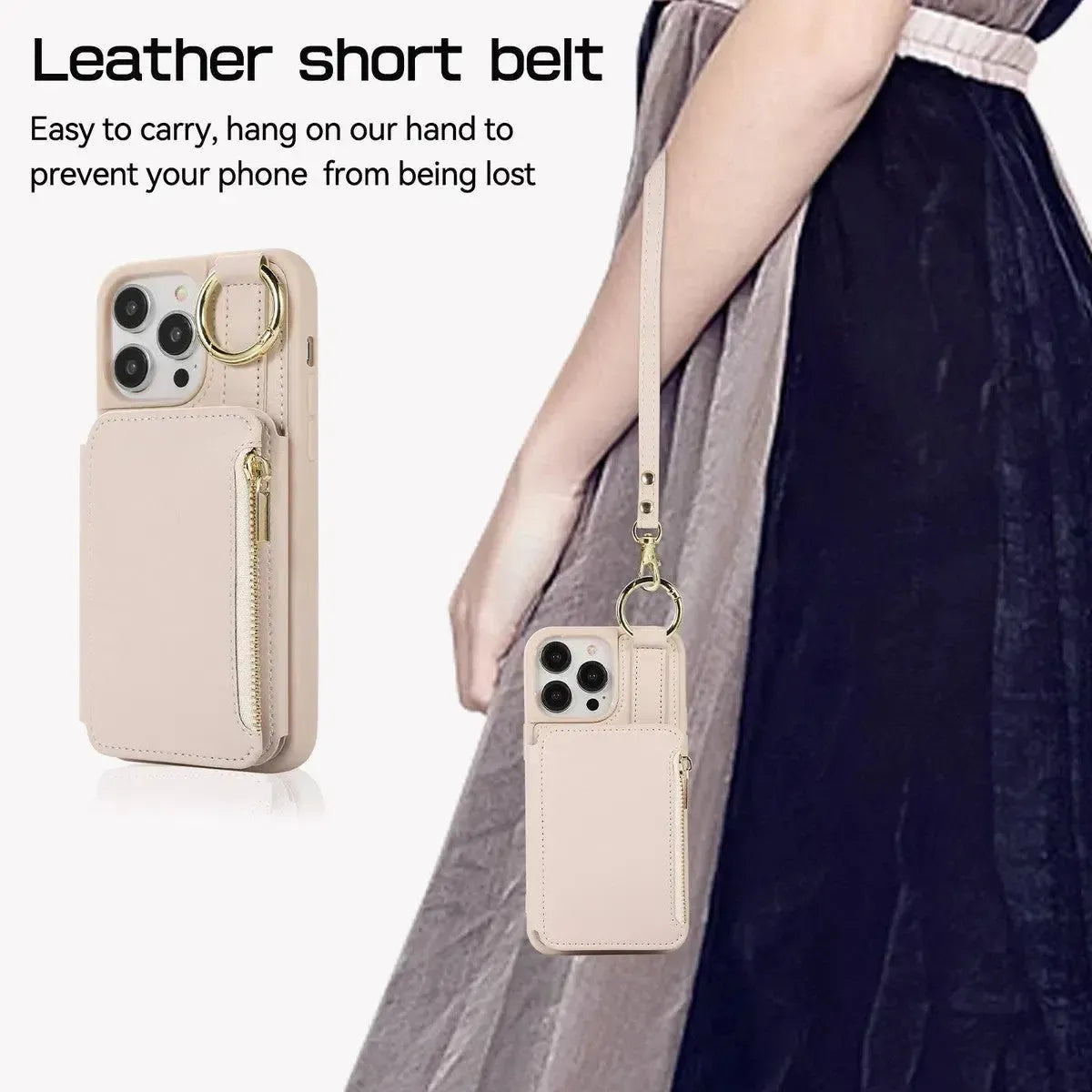 iPhone Wallet Case with Wrist and Shoulder Strap Card Holder Ring Stand Flip Zipper-BTK250927