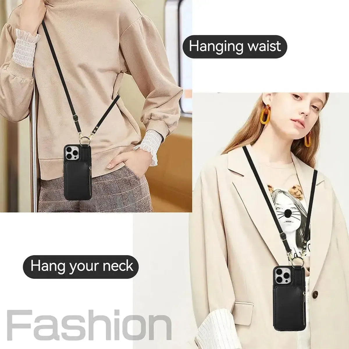 iPhone Wallet Case with Wrist and Shoulder Strap Card Holder Ring Stand Flip Zipper-BTK250927