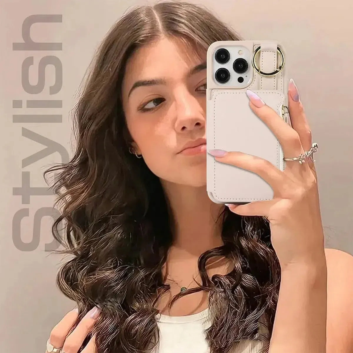 iPhone Wallet Case with Wrist and Shoulder Strap Card Holder Ring Stand Flip Zipper-BTK250927