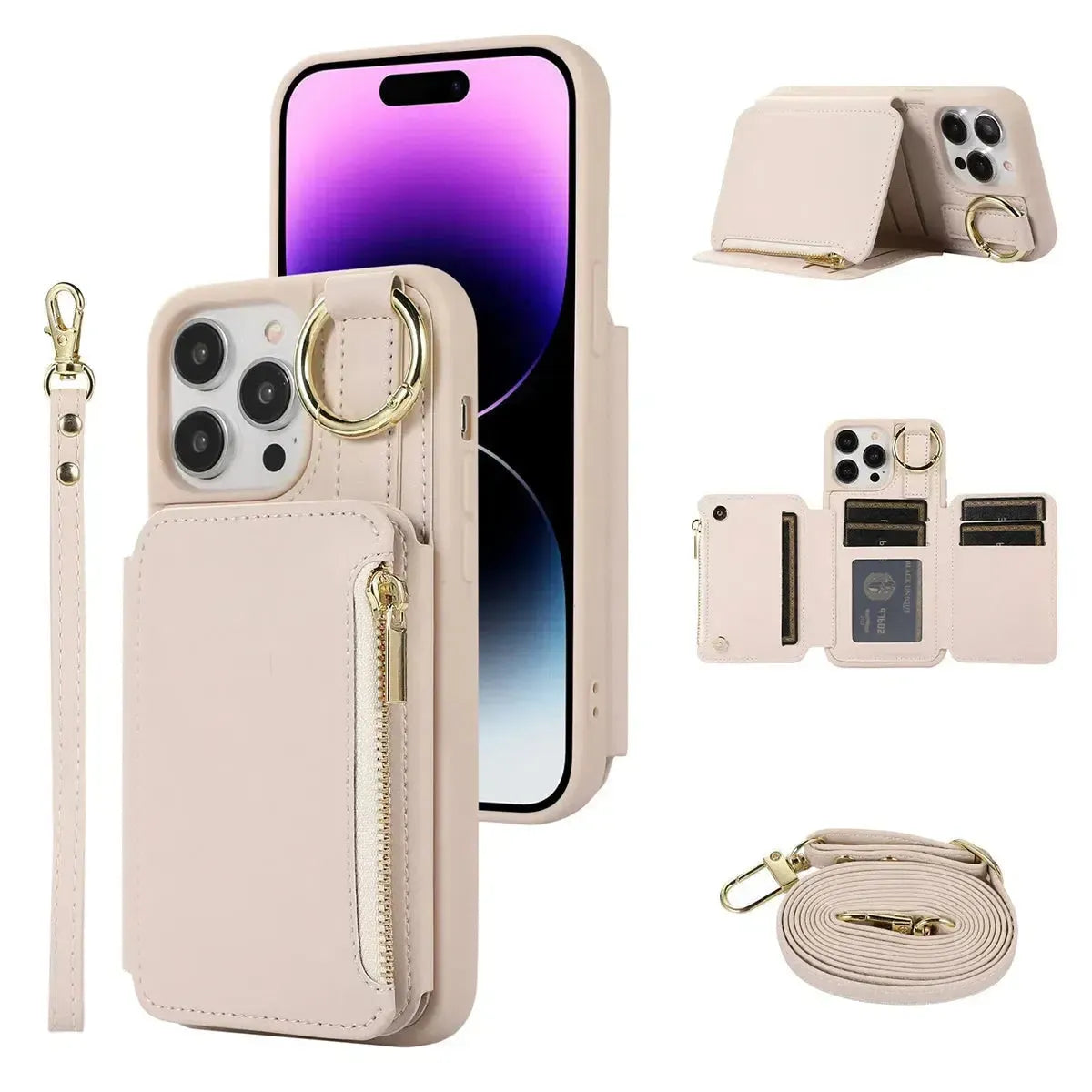 iPhone Wallet Case with Wrist and Shoulder Strap Card Holder Ring Stan