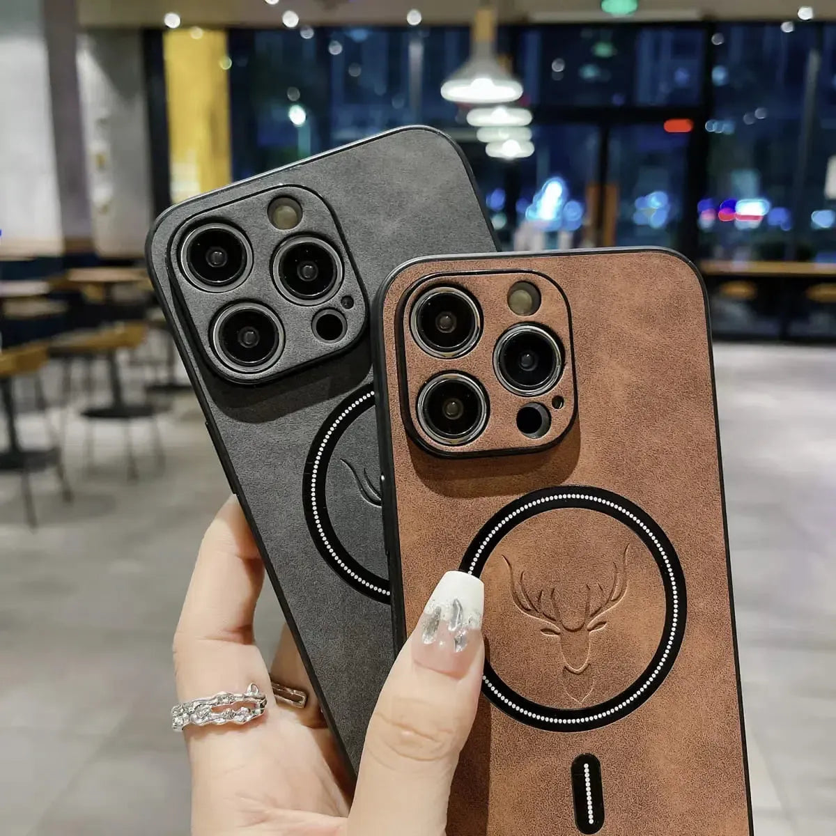 Luxury  Leather Deer iPhone Case For Magsafe Wireless Charge Full Cover