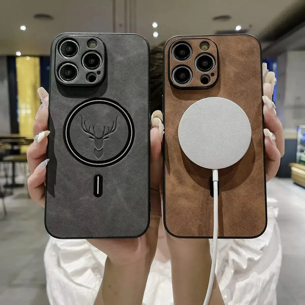 Luxury  Leather Deer iPhone Case For Magsafe Wireless Charge Full Cover