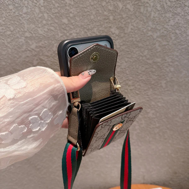 Classic Leather GG iPhone Case With Card Holder And Strap Brown-YHCZ251806