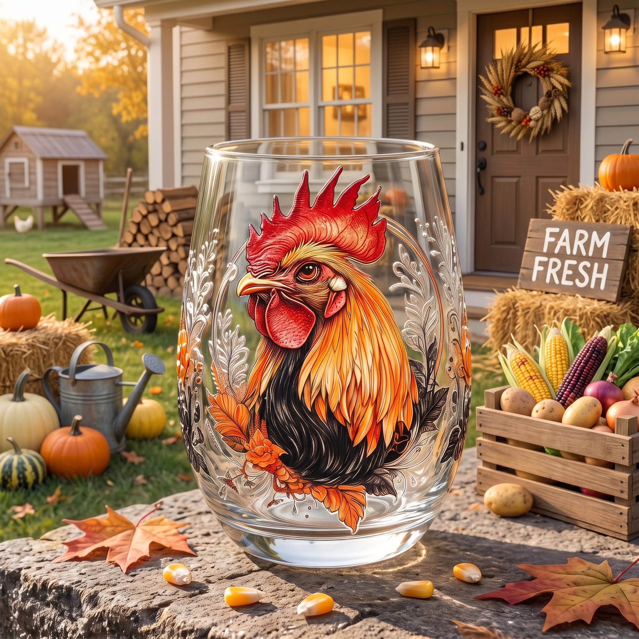 Farm Rooster Art Collector Glass Cup