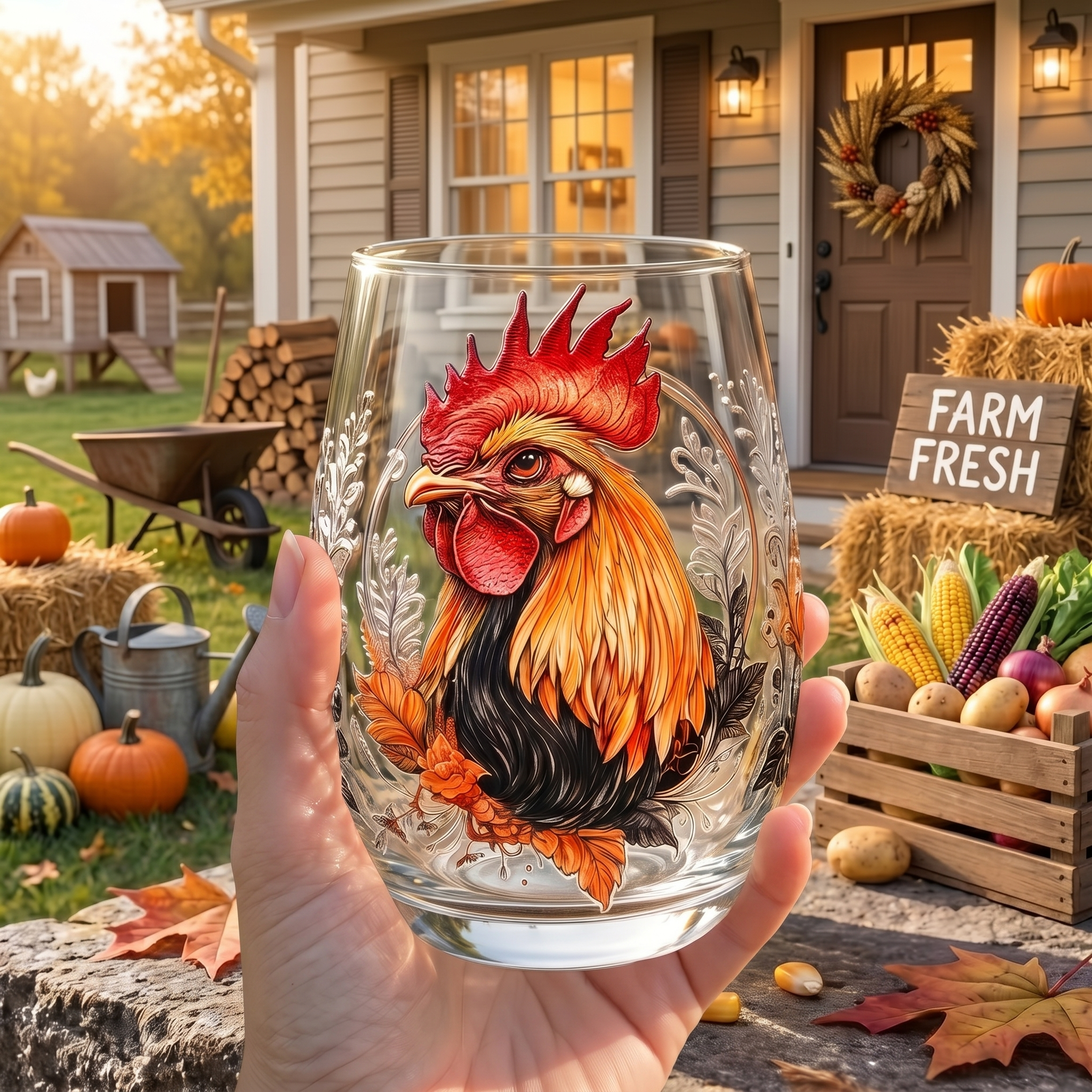 Farm Rooster Art Collector Glass Cup
