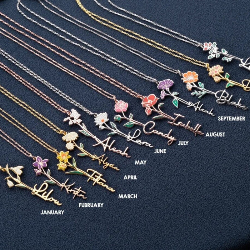 Personalized Name And Birthday Flower Necklace