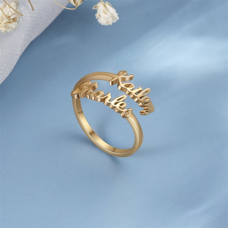 Double Name Ring, Two Name Ring, Adjustable Ring, Ring for Women, Personalized Gift for Mom, Best Friend Gift, Birthday Gifts image 1
