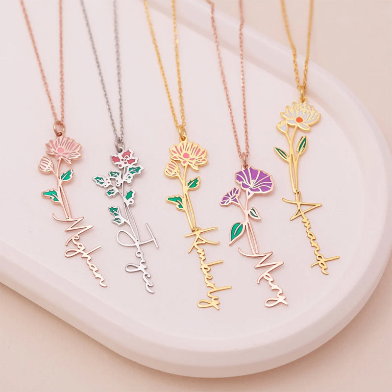 Personalized Name And Birthday Flower Necklace