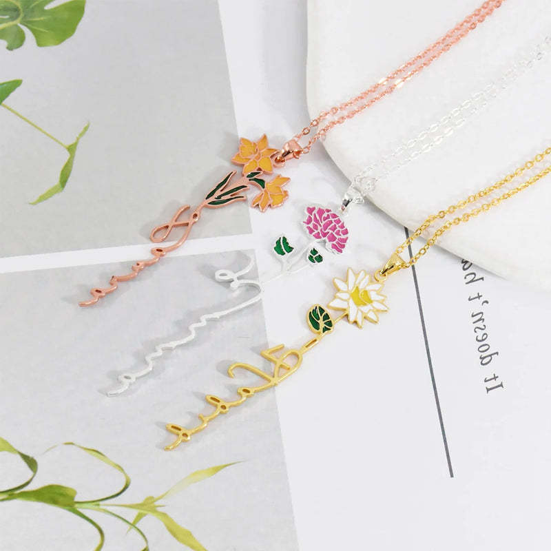 Personalized Name And Birthday Flower Necklace