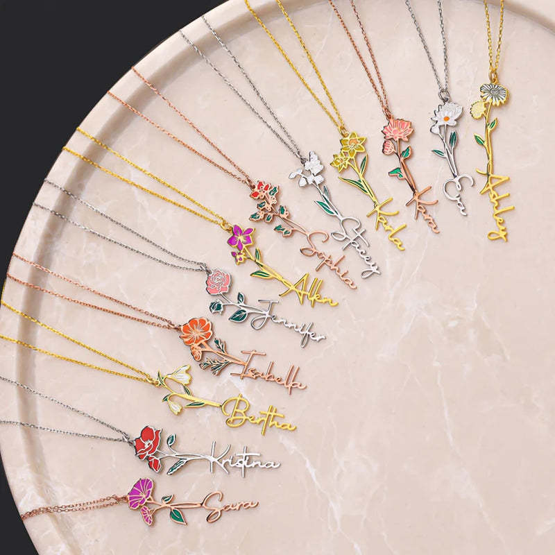 Personalized Name And Birthday Flower Necklace