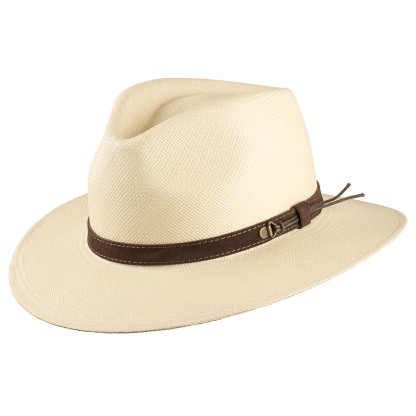 Original Panama Hat - Wide Brim Fedora - Natural Straw - Brown Leather Band - Handmade in Ecuador by Ecua-Andino 2024 - EA - HatBox Included