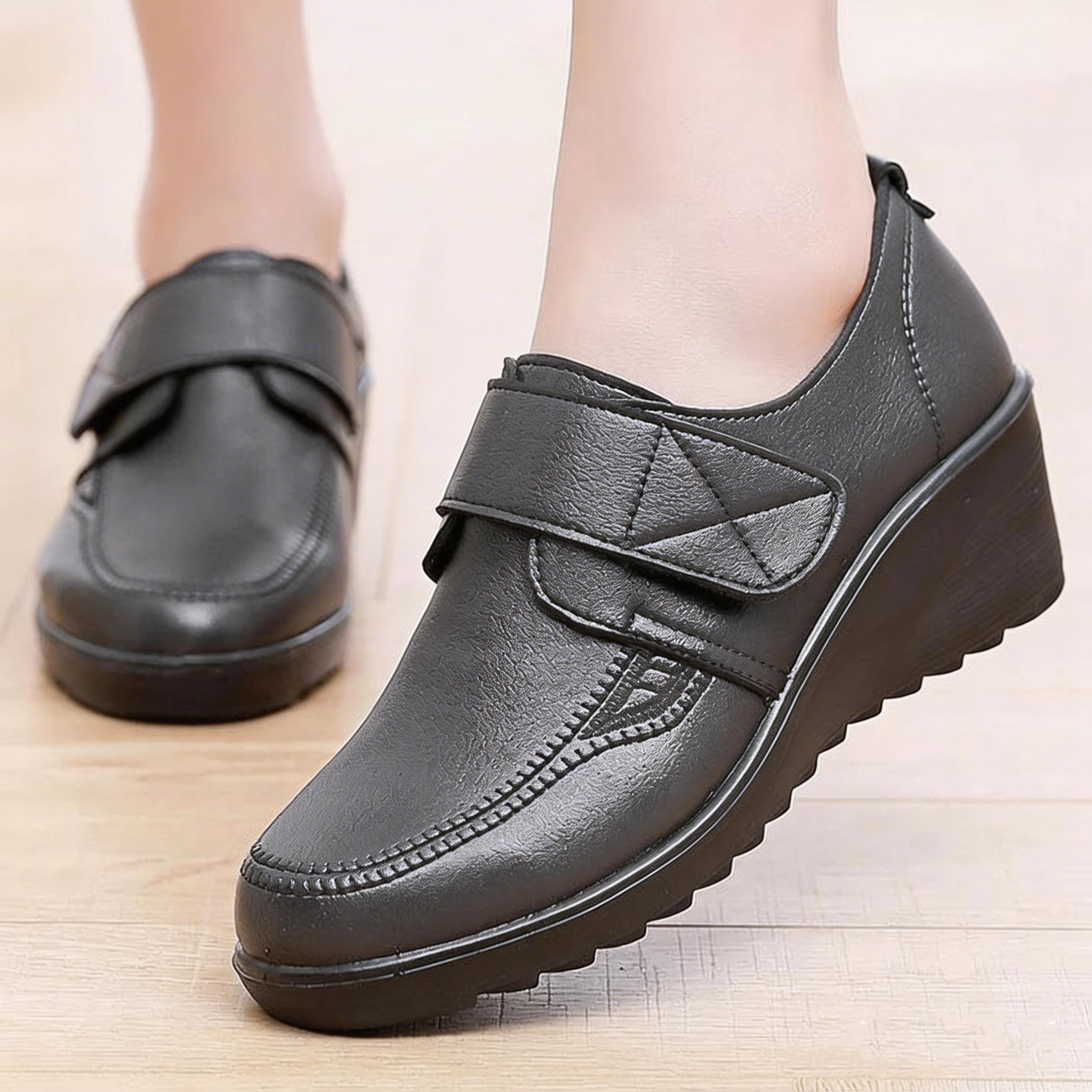 Comfortable Leather Wedge Shoes with Secure Velcro Strap for All-Day Comfort