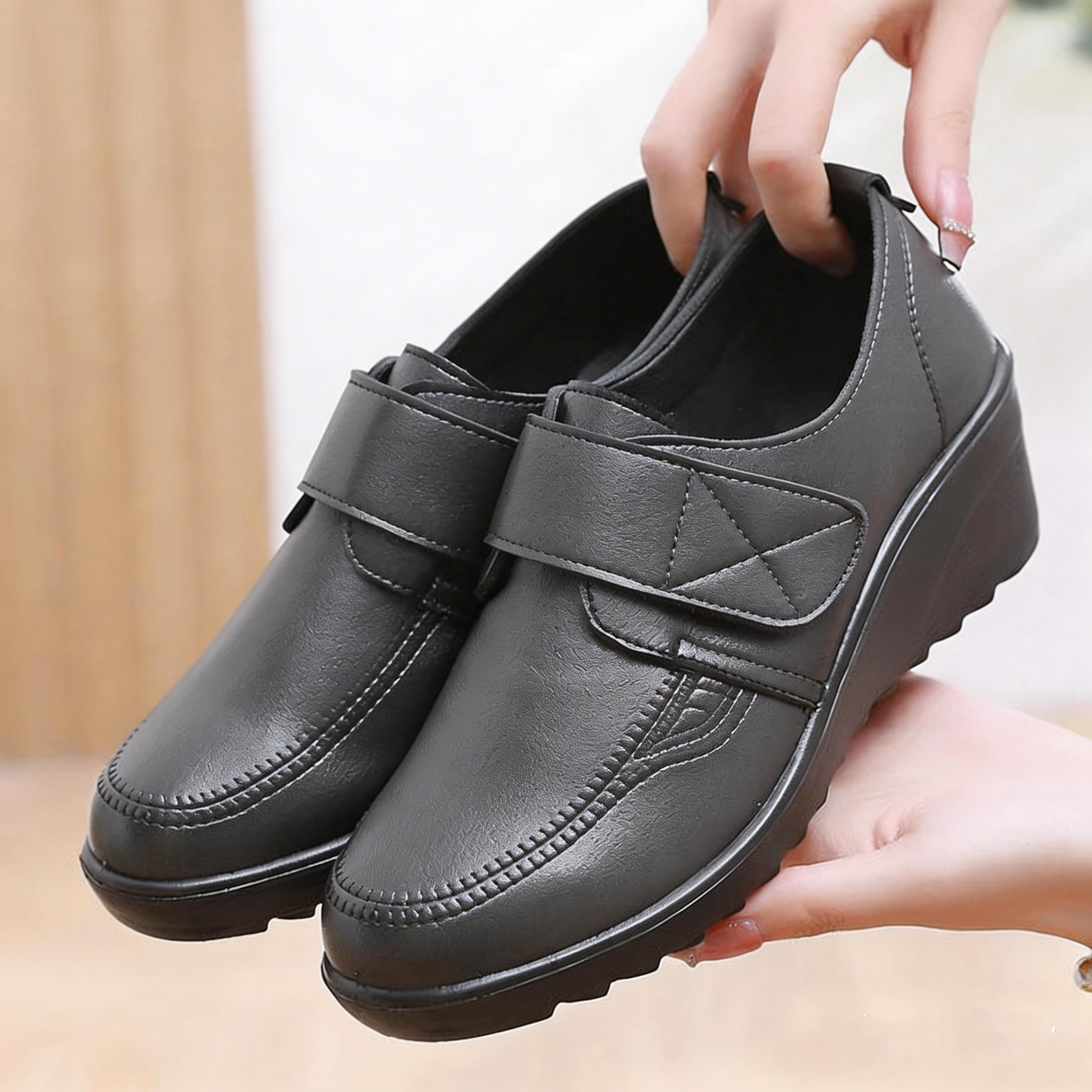 Comfortable Leather Wedge Shoes with Secure Velcro Strap for All-Day Comfort
